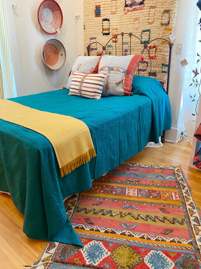 Tanka Stitched Light Weight Patchwork teal blue. Cotton Bed Spread Coverlet India