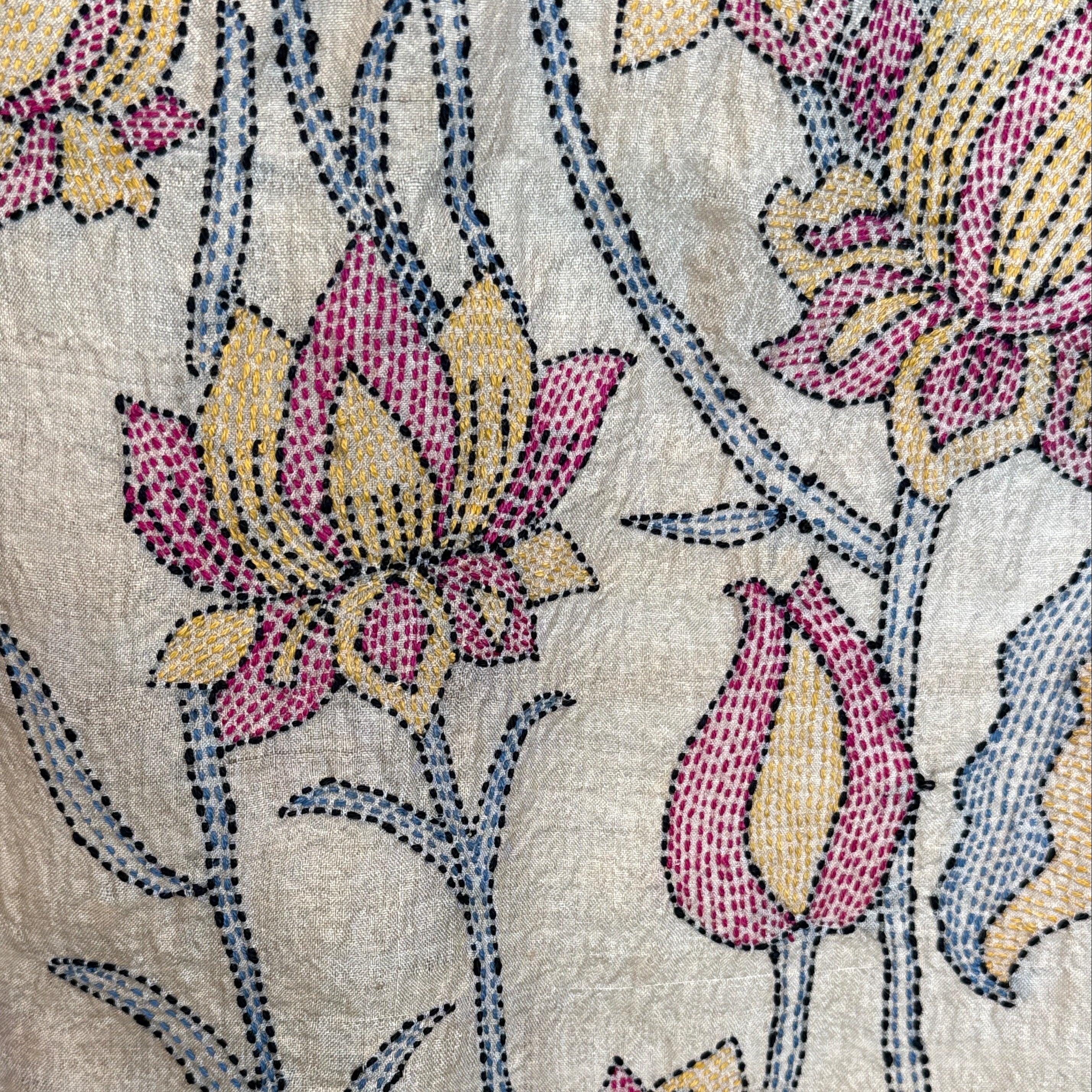 Hand Embroidered Tulip Kantha Silk Scarf India