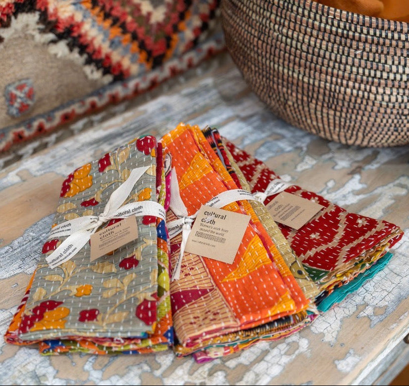 Handwoven Kantha Napkin Set of 4 India