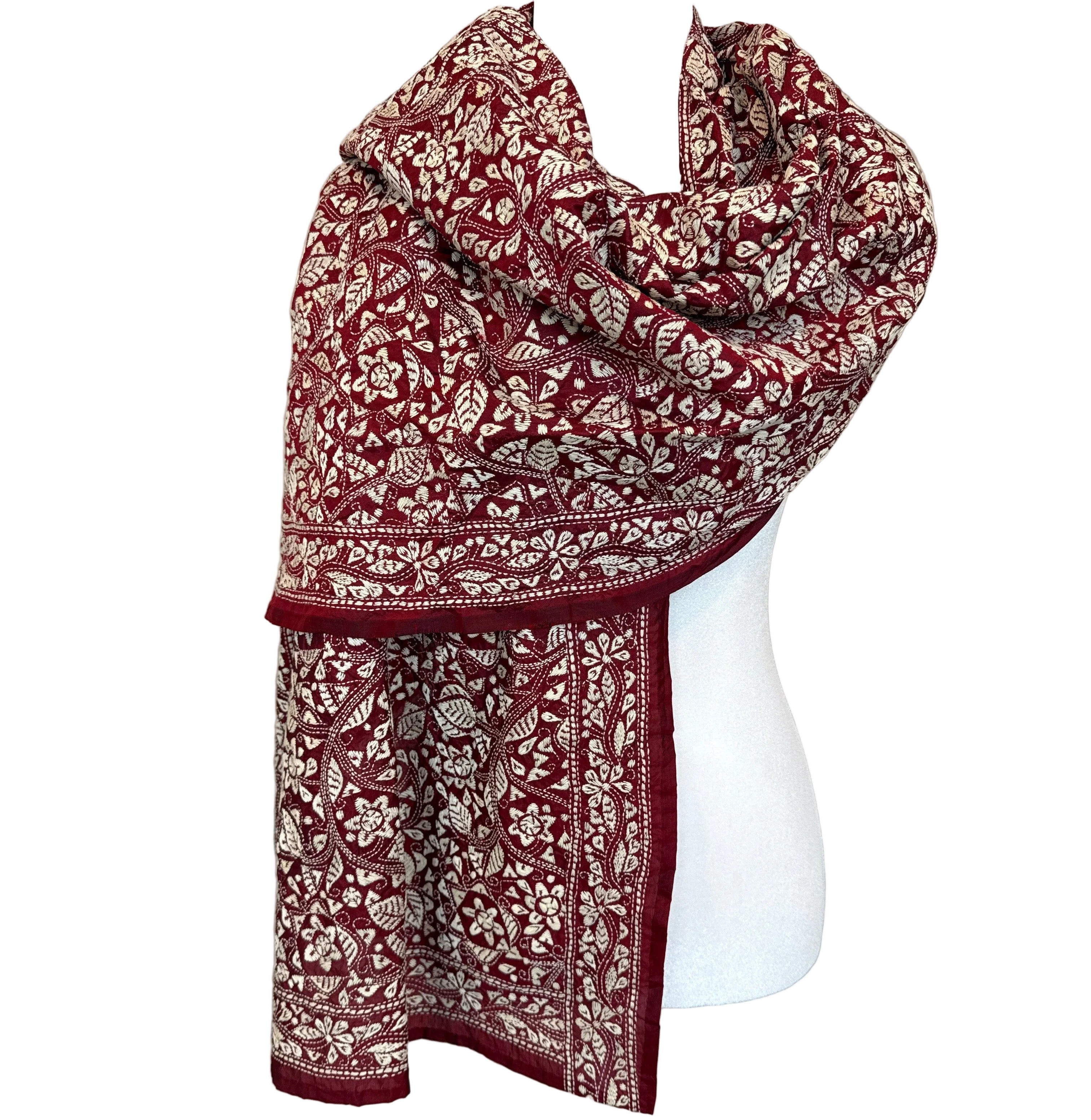 Hand Embroidered Wine Kantha Silk Scarf India