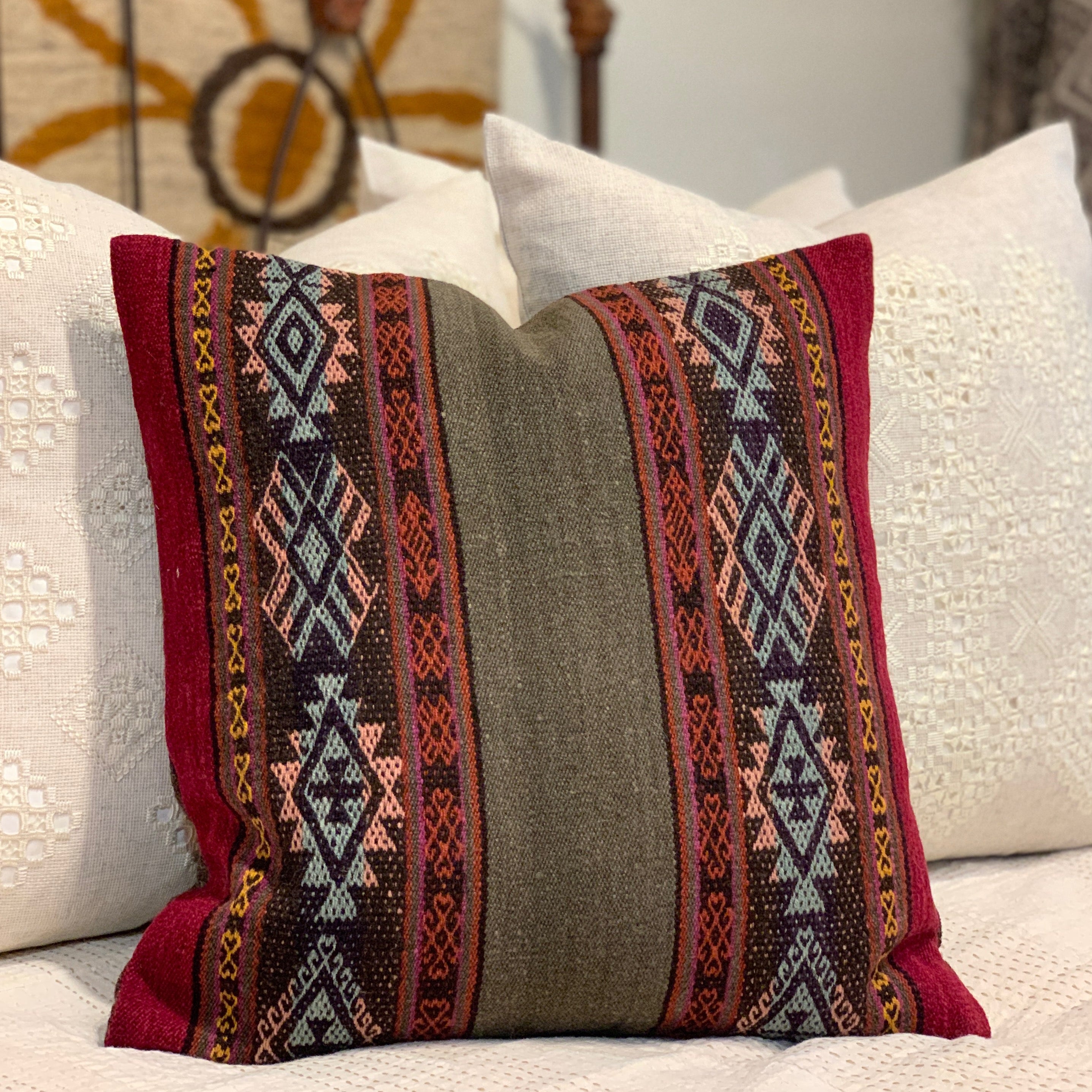 Handwoven Santo Tomas Olive Pillow Peru (16x16)