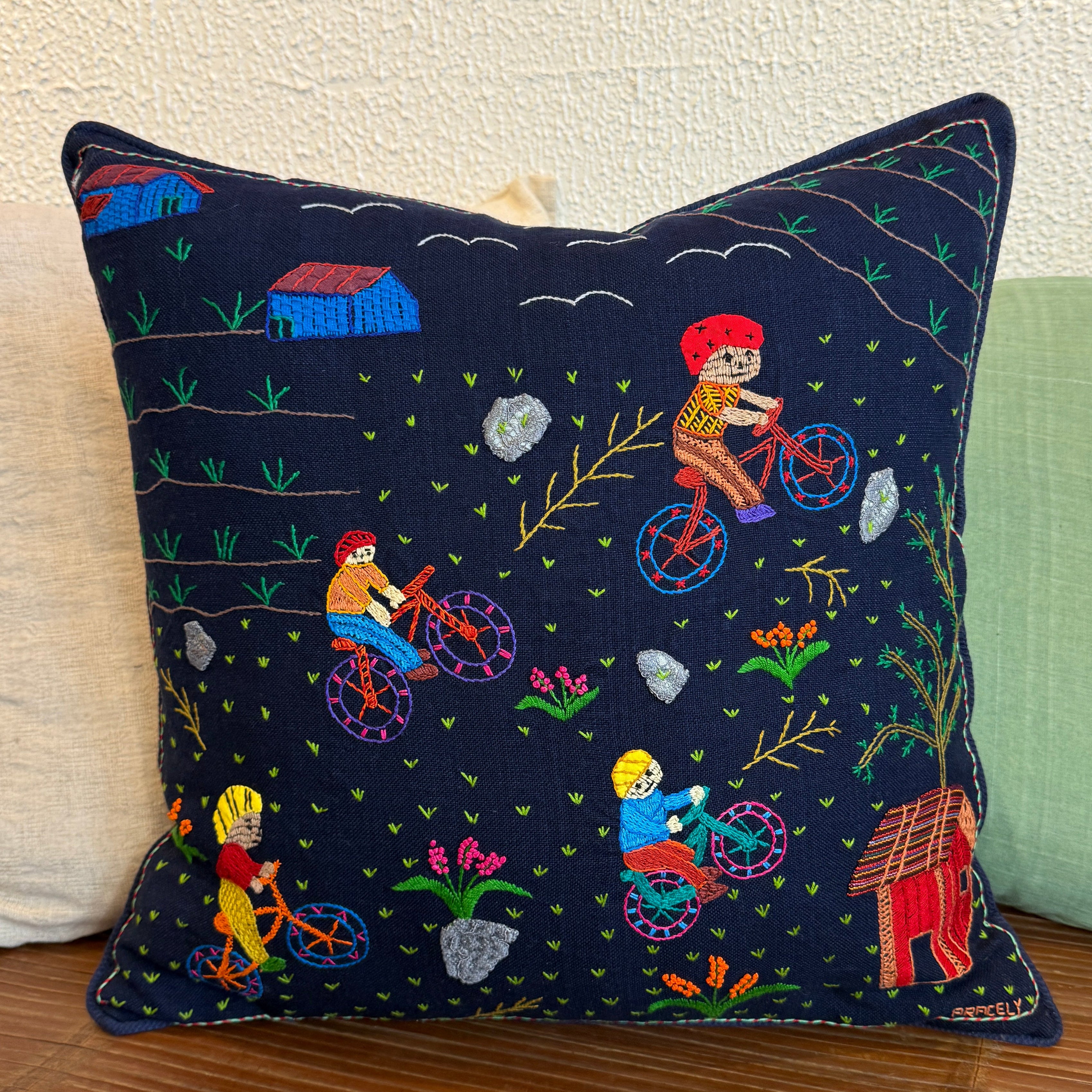 Handwoven and Embroidered Kids Story Cloth Pillow Guatemala (18x18)