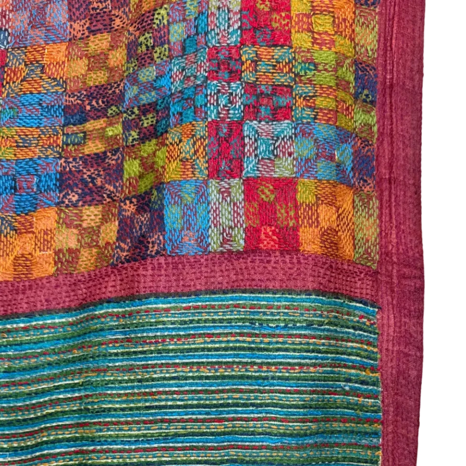 Silk Kantha Stitched Prantik Red Scarf India