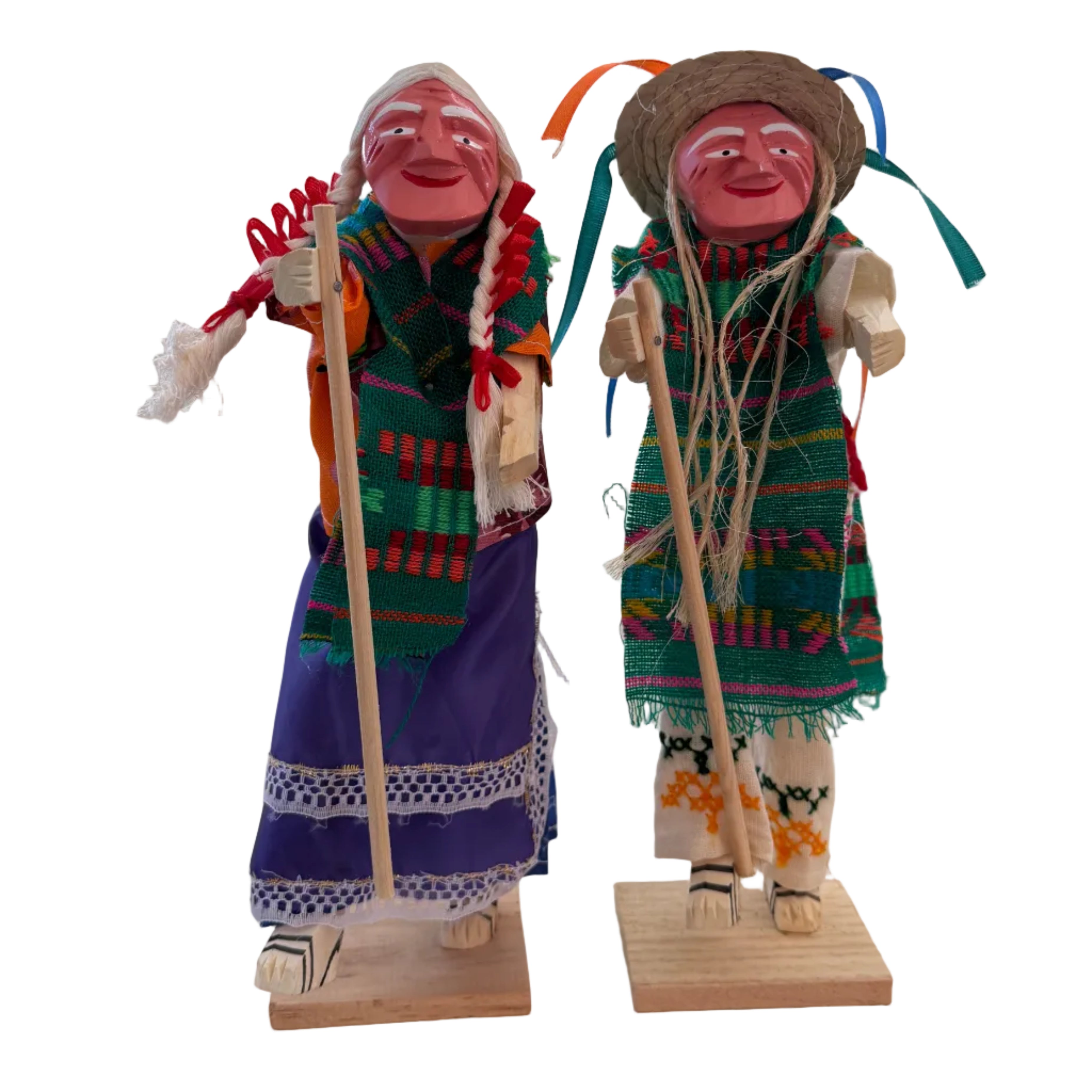 Handcrafted Wooden Viejitos Green Pair Mexico
