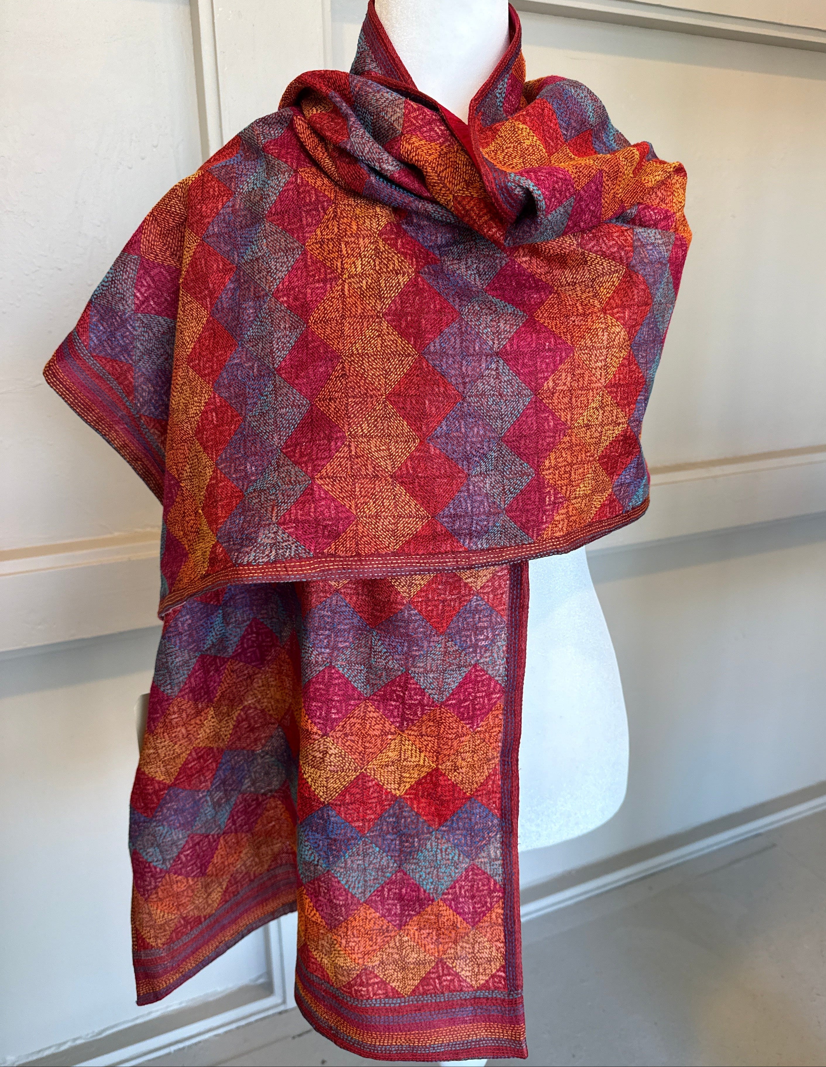 Silk Kantha Stitched Prantik Plum Scarf India