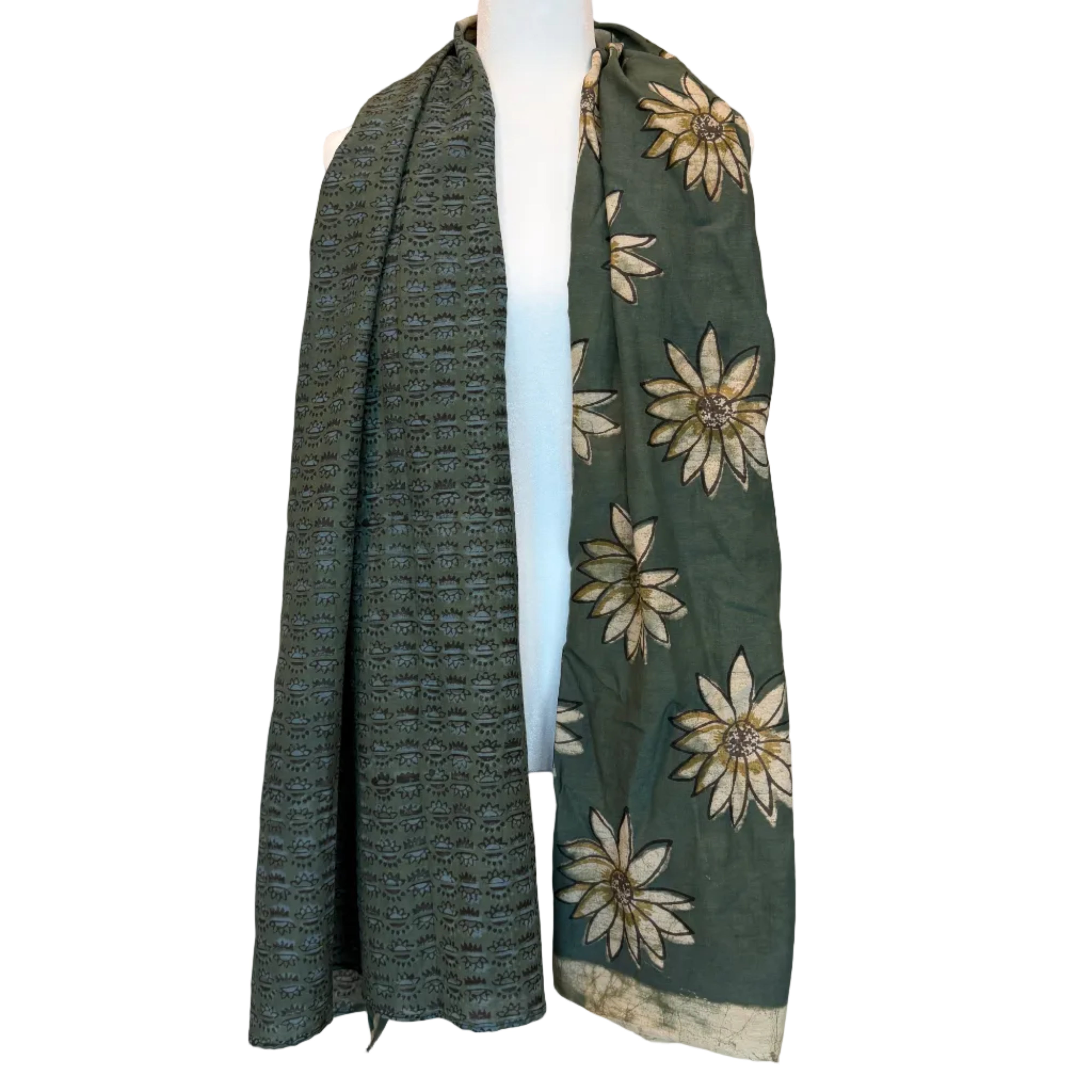 Hand Block Printed Green Silk & Cotton Scarf India