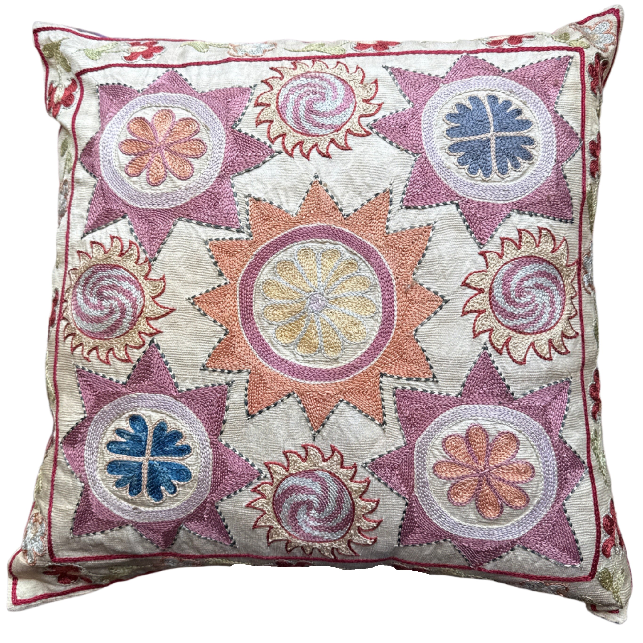 Hand Embroidered Lavender Silk Pillow Uzbekistan (18x18)
