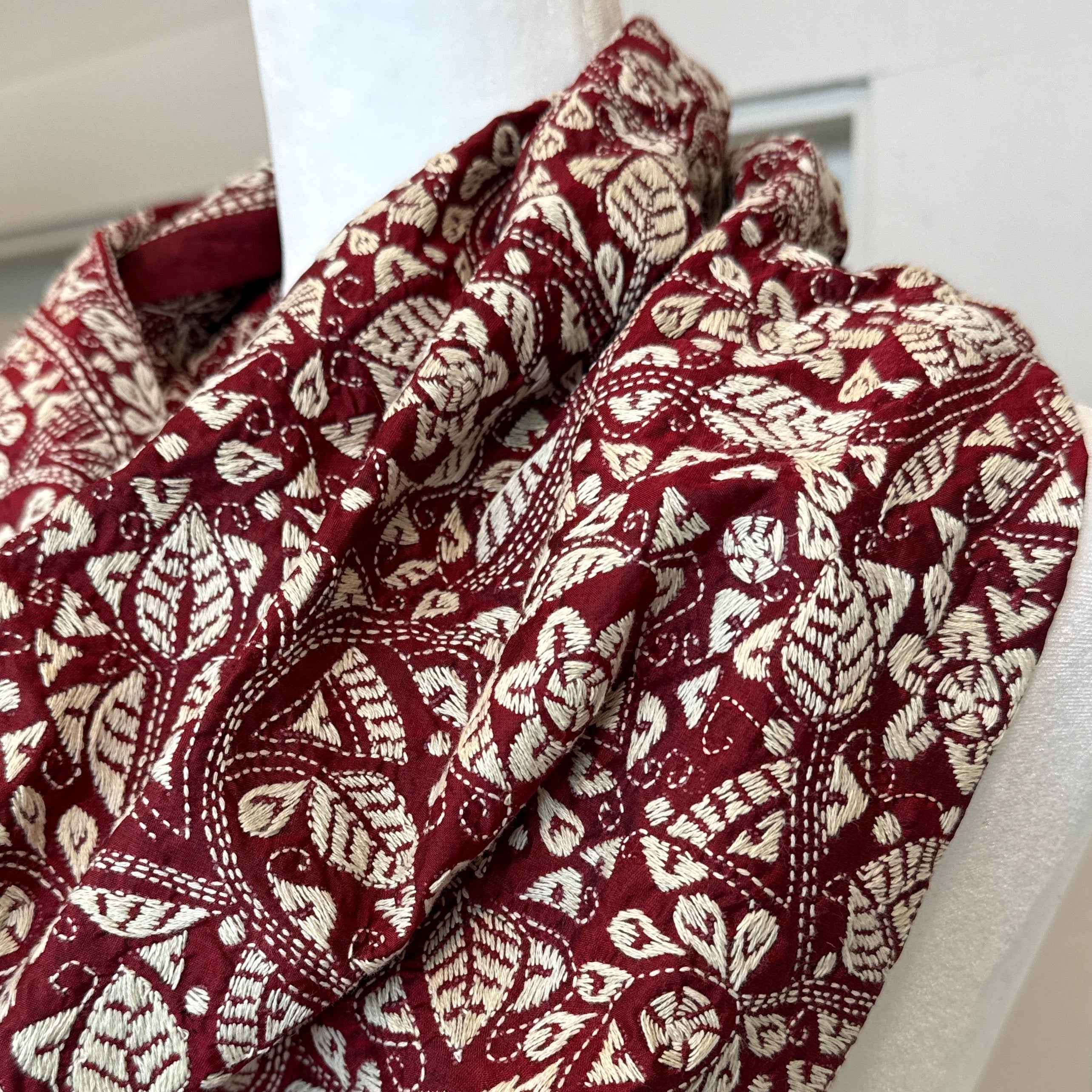 Hand Embroidered Wine Kantha Silk Scarf India