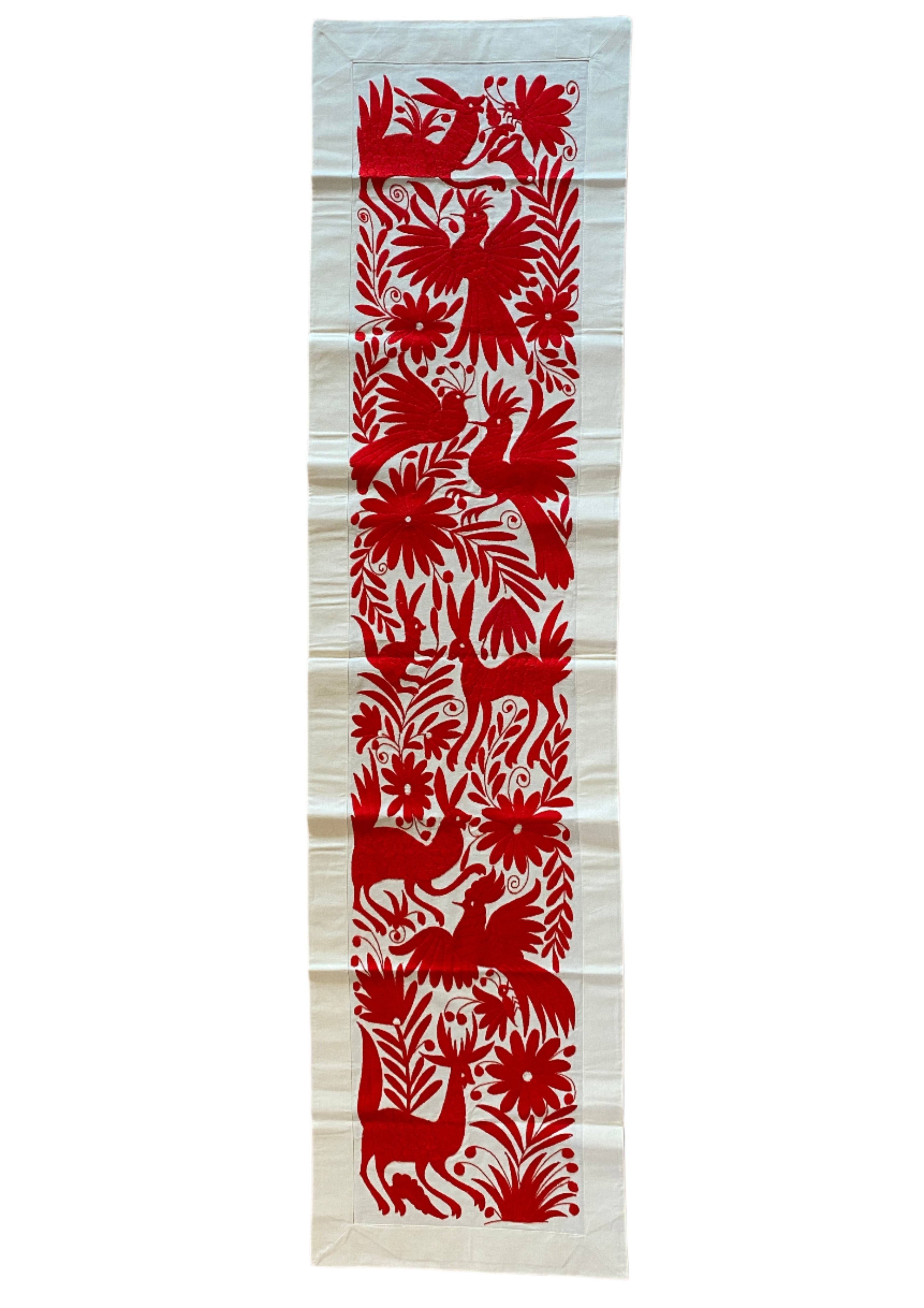 Otomi Hand Embroidered Strawberry Red Table Runner Mexico