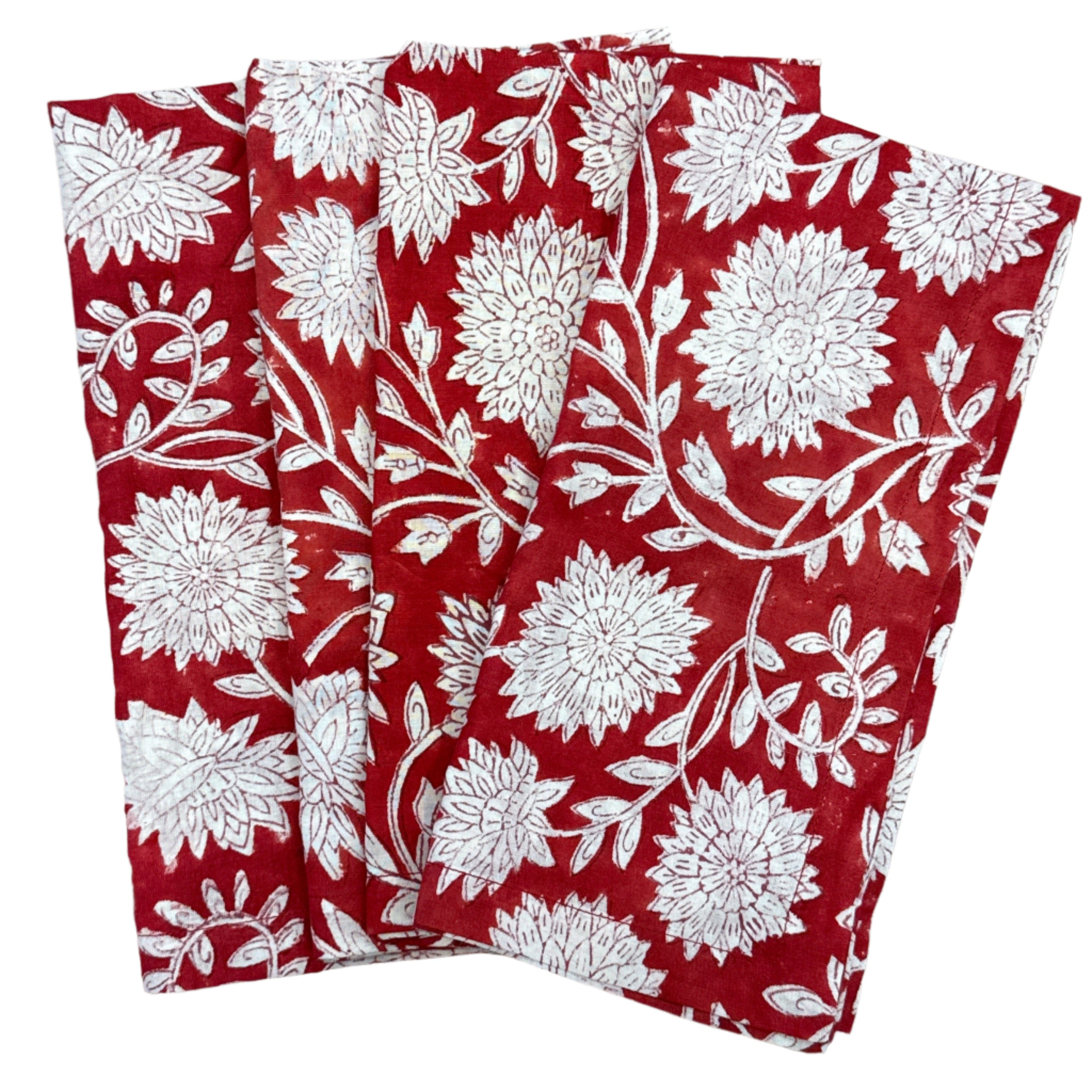Hand Block Printed Red Floral Napkins India Set of 4 (20")