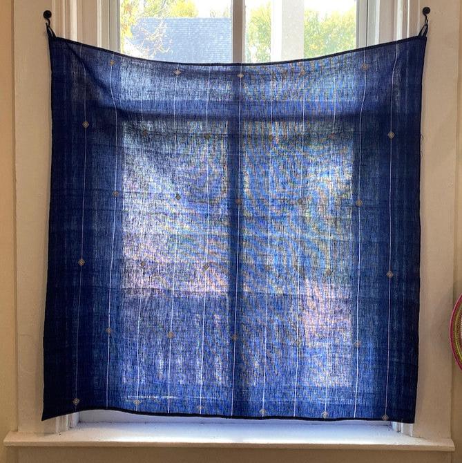 Handwoven Organic Cotton With Inlay Cafe Curtains India (37" x 37") indigo blue and white India