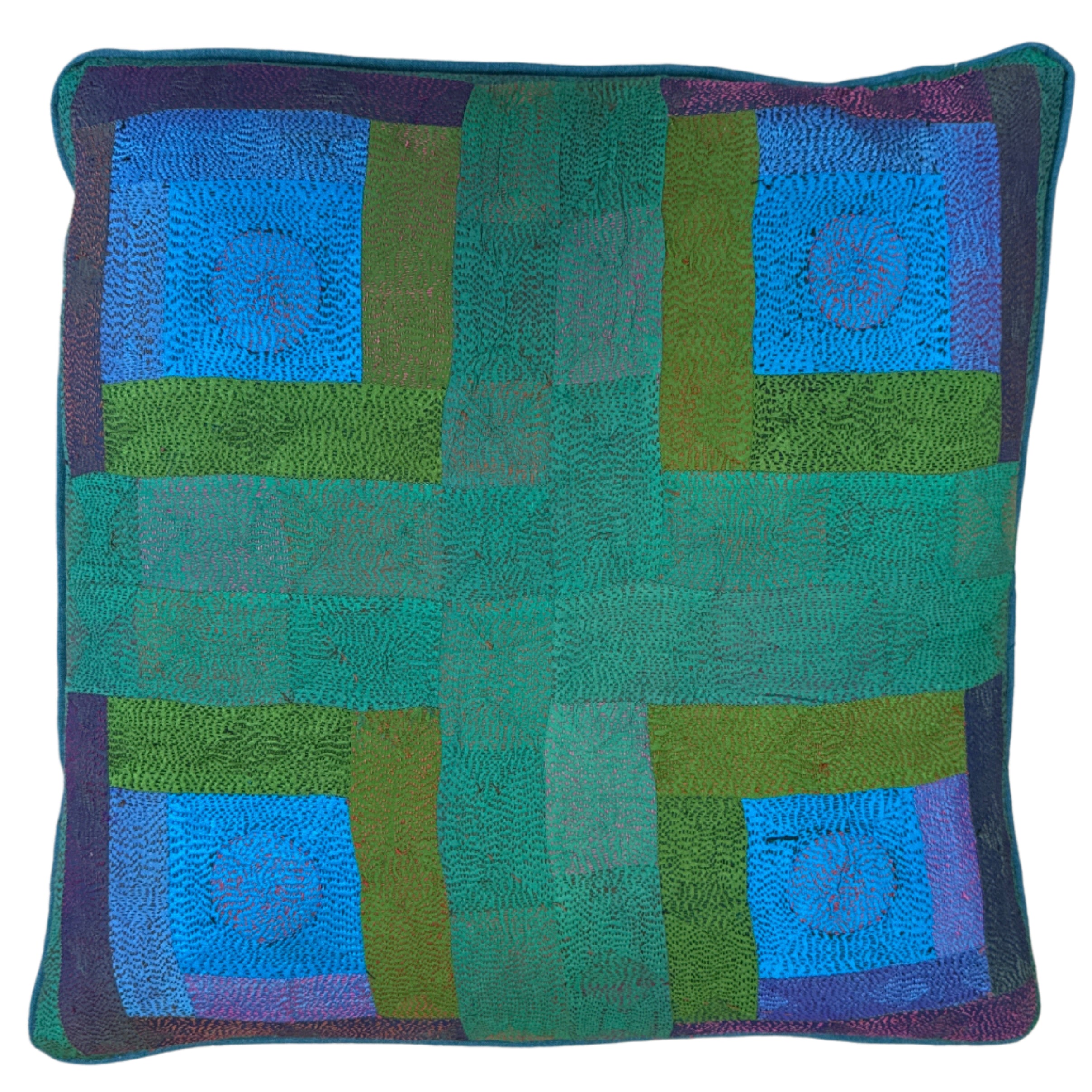 Decorative pillow with a geometric pattern. Hand Stitched Vintage Silk Blue Pillow India (18 x 18)