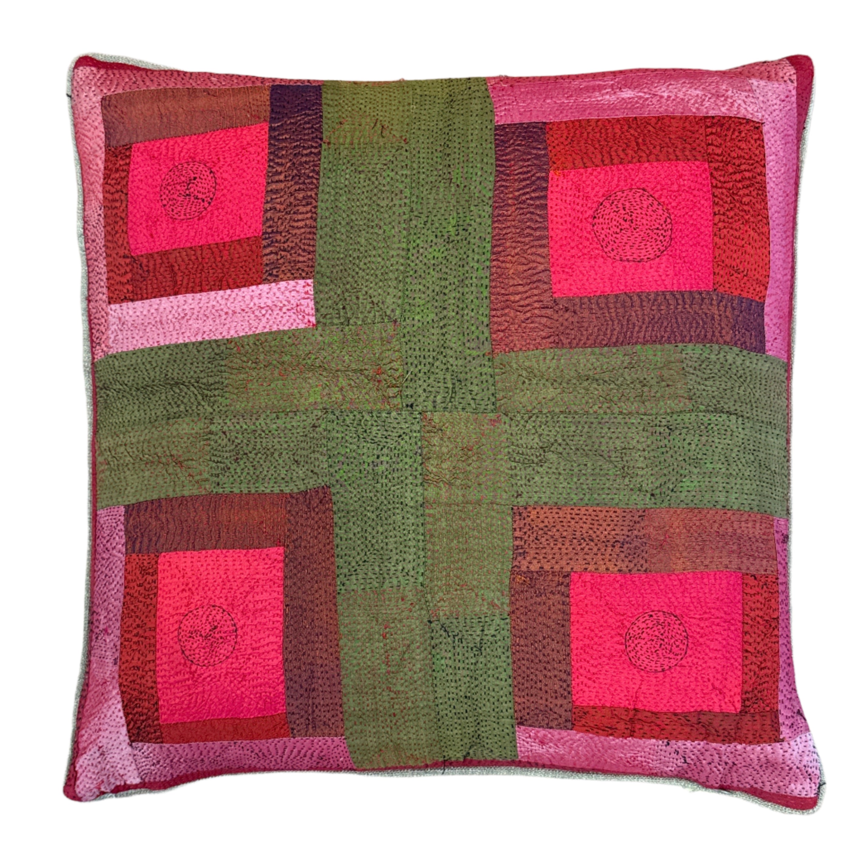 Patchwork pillow with red and pink. Hand Stitched Vintage Silk Pillow India (20 x 20)