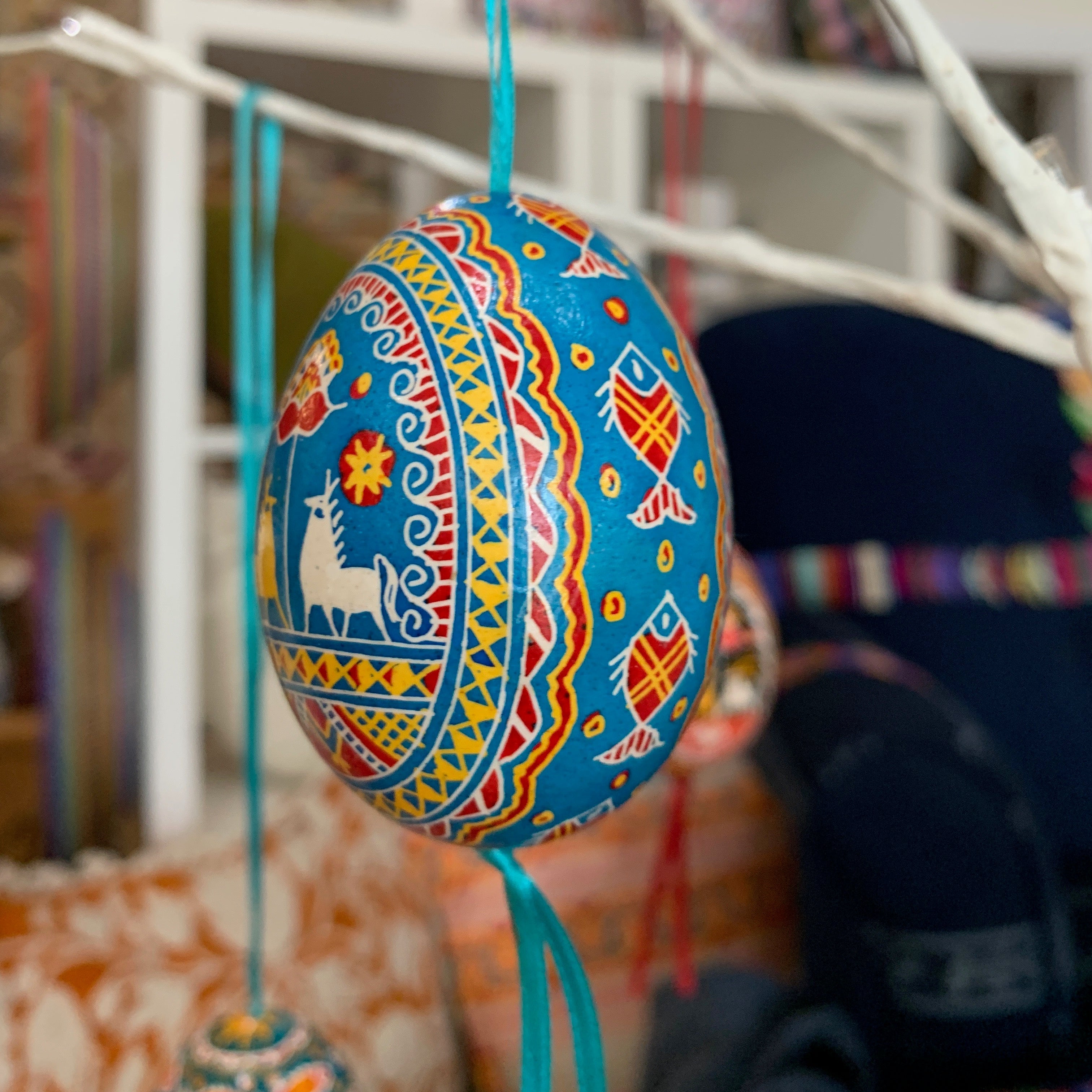 Hand Painted Pysanka Blue Fish Easter Egg Ukraine
