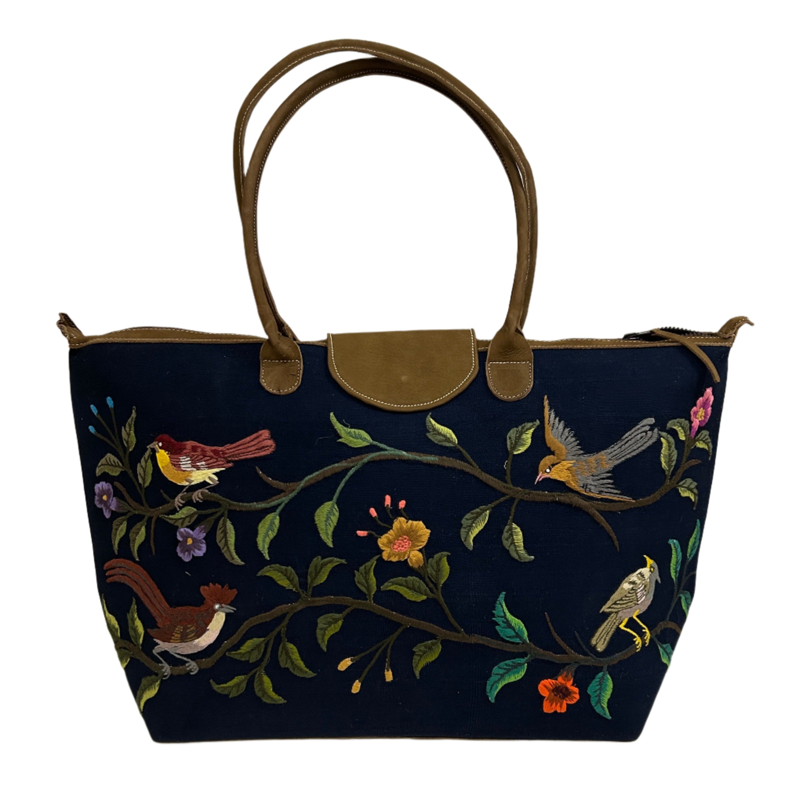 Handwoven Embroidered Indigo with Leather Santiago Satchel Guatemala