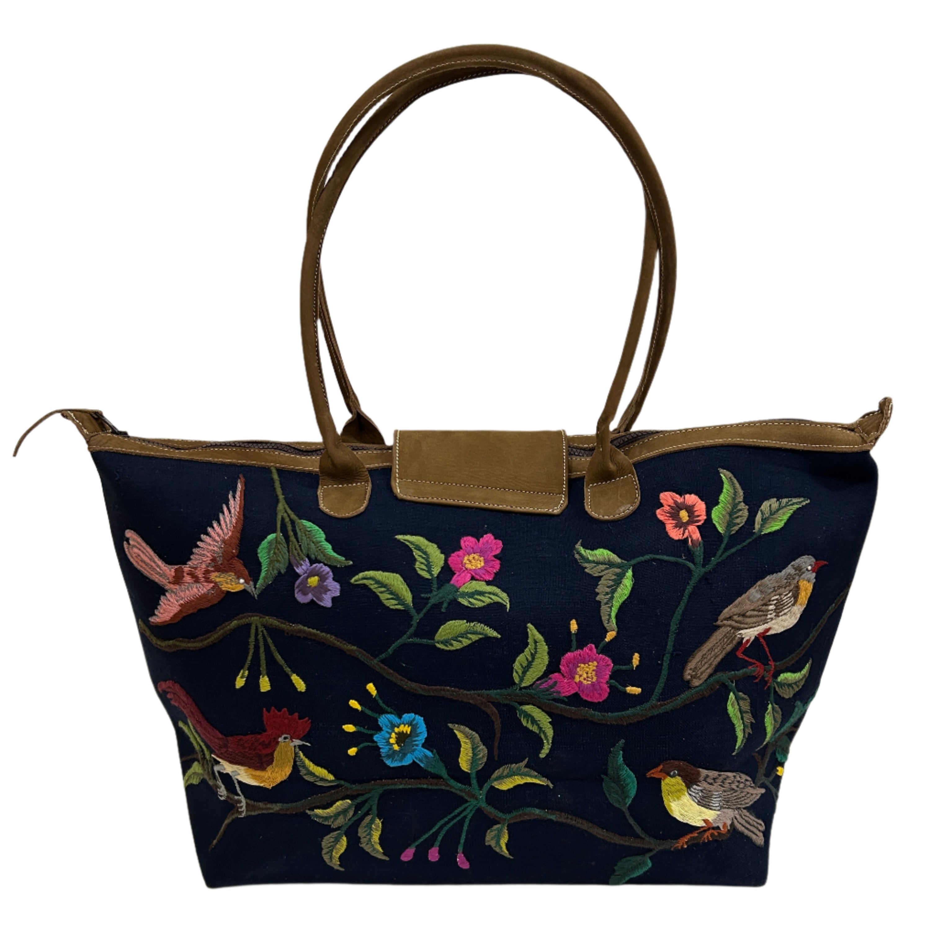 Handwoven Embroidered Indigo with Leather Santiago Satchel Guatemala