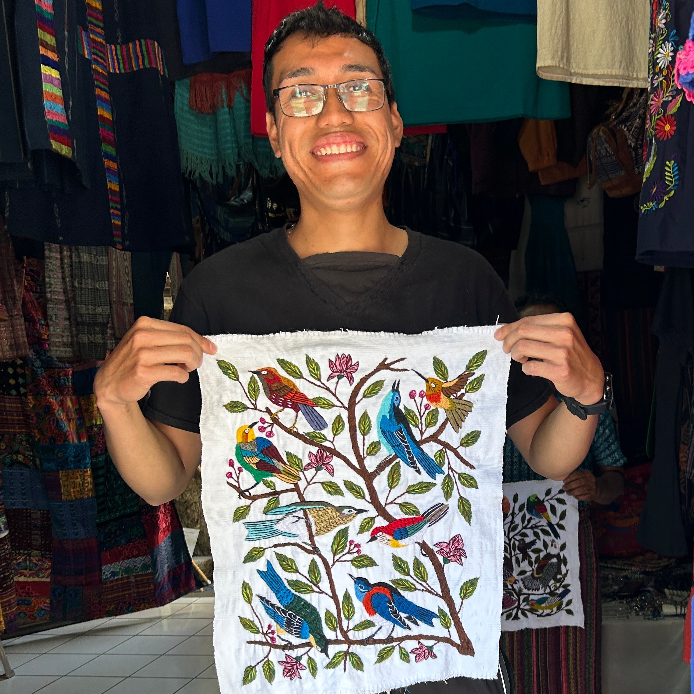 Song Birds Hand Embroidery on Cotton Guatemala (15" x 18")