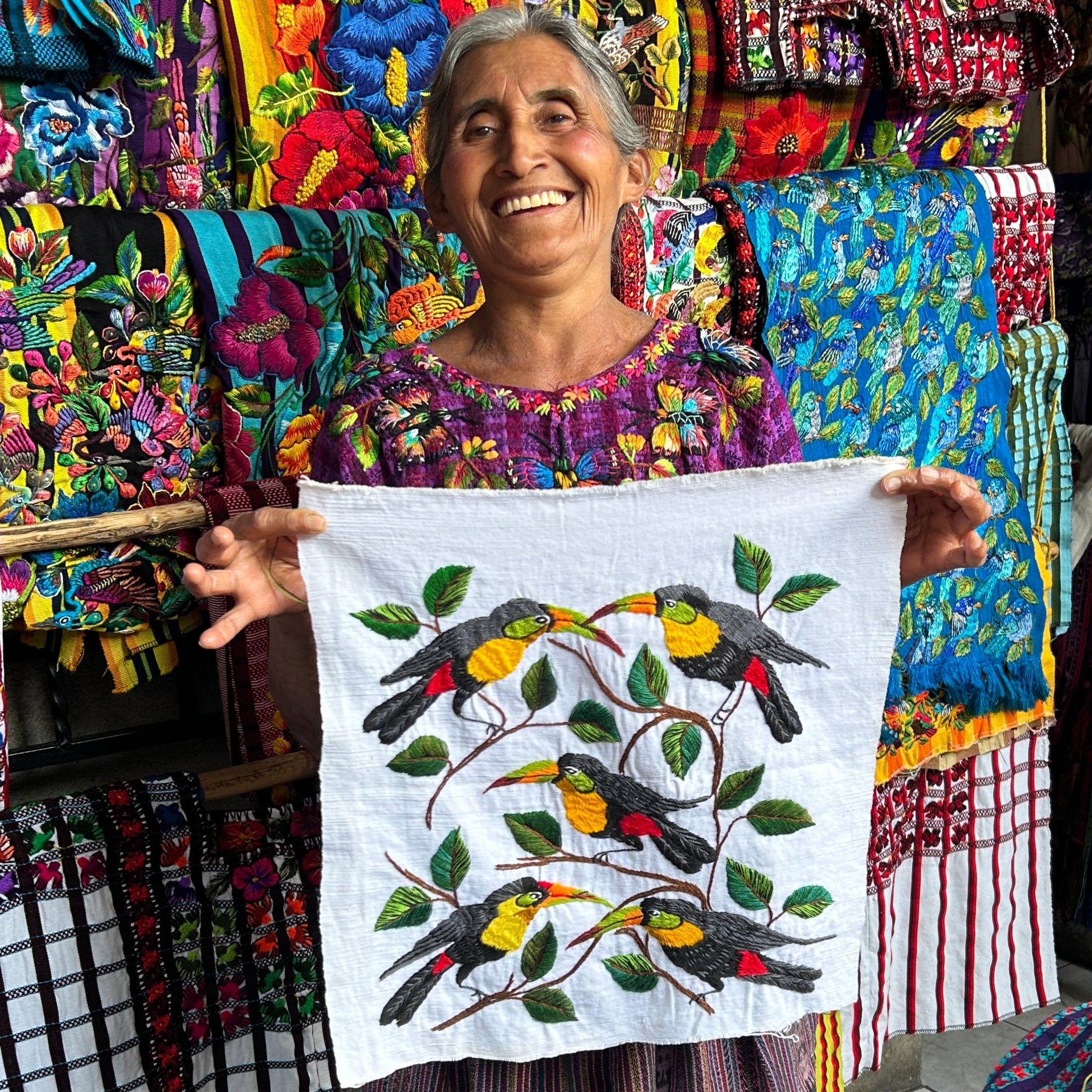 Toucans Hand Embroidery on Cotton Guatemala (15.5" x 15.5")