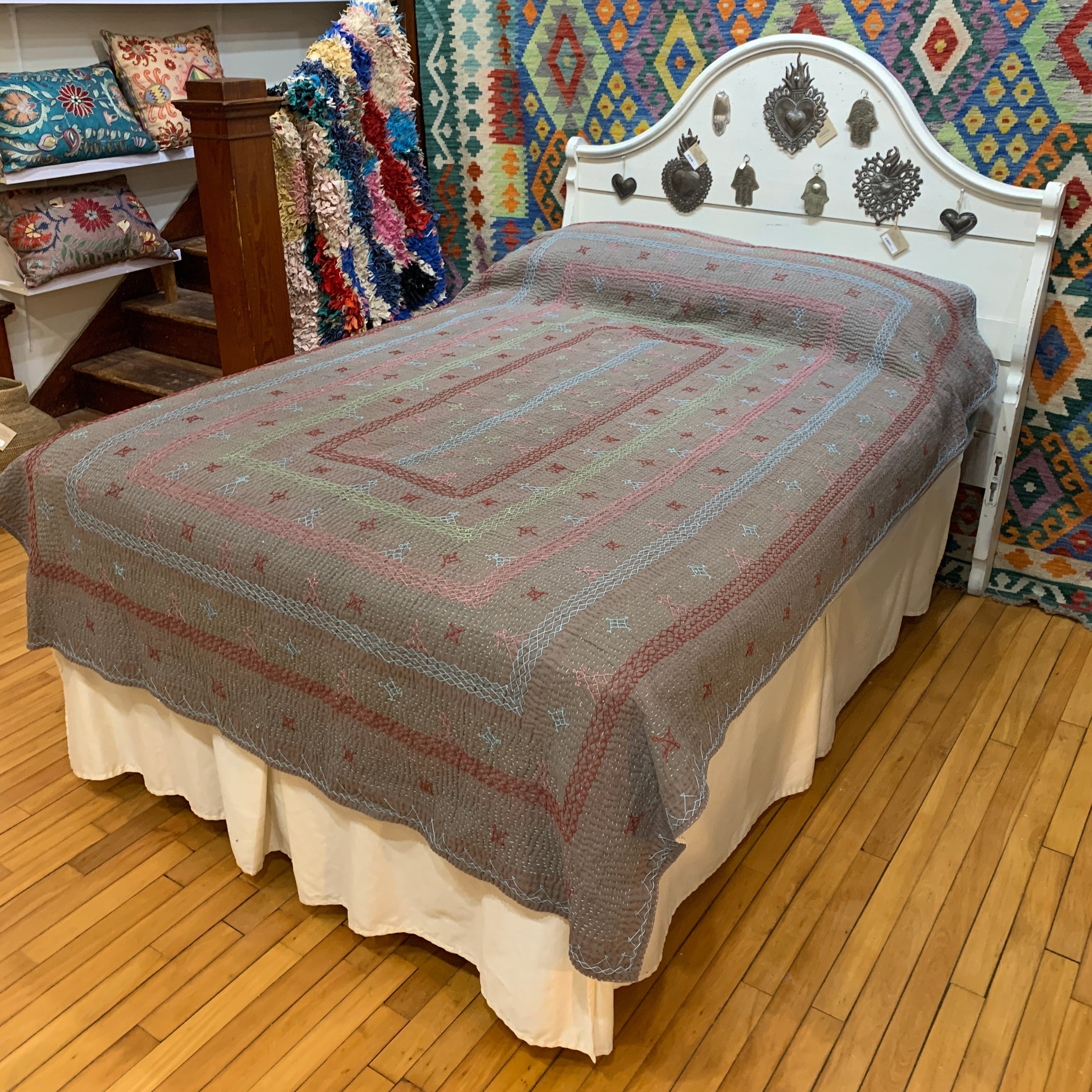 Hand Stitched Ralli Quilt Single India - Grey