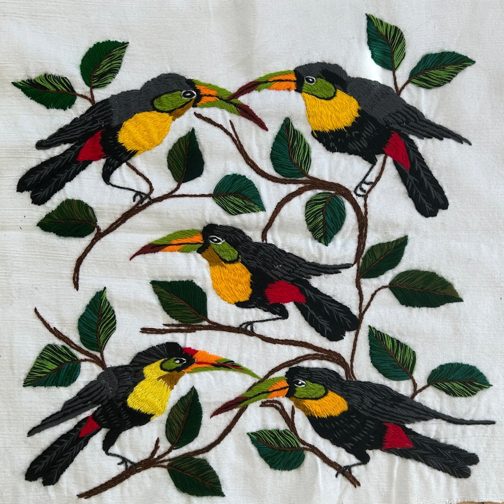 Toucans Hand Embroidery on Cotton Guatemala (15.5" x 15.5")