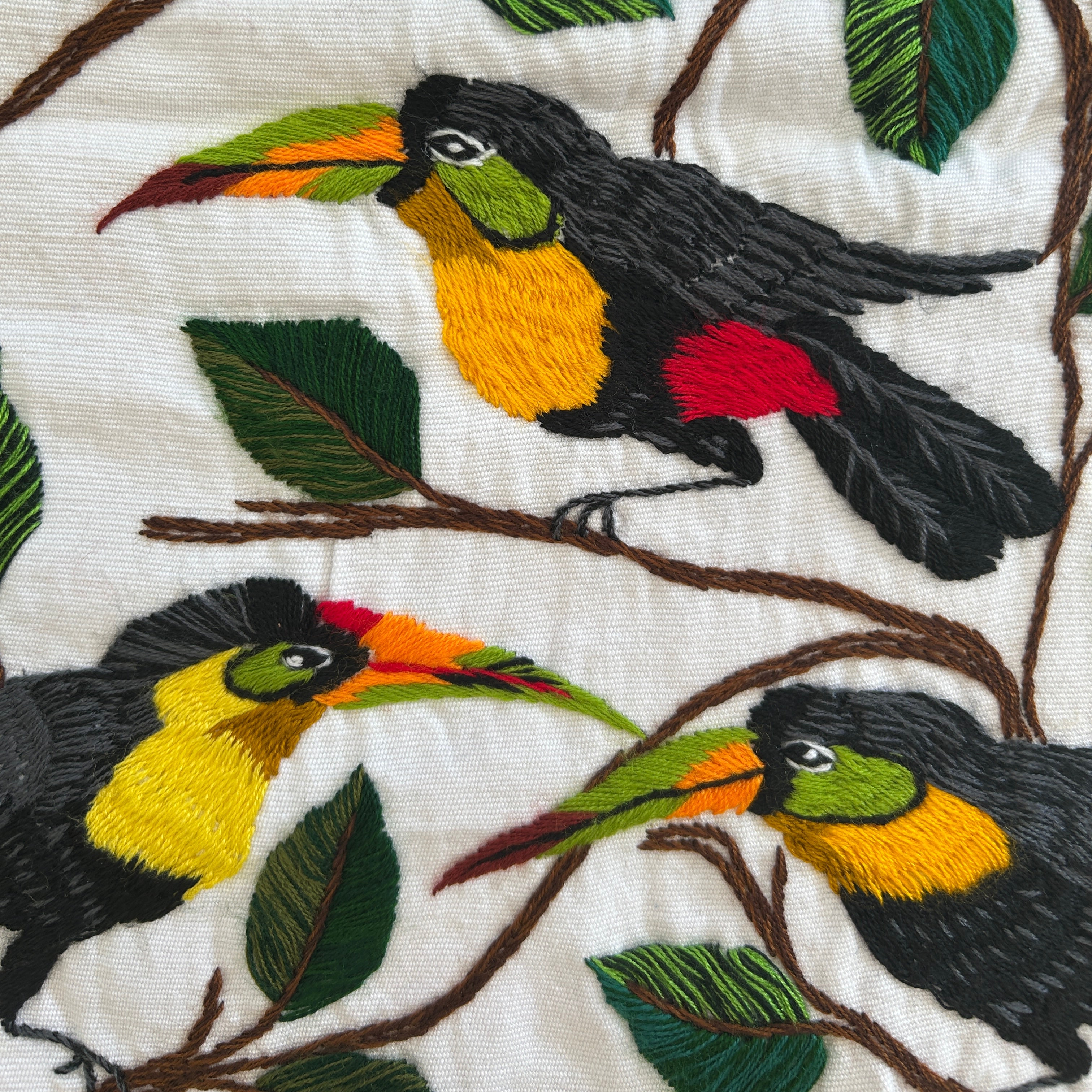 Toucans Hand Embroidery on Cotton Guatemala (15.5" x 15.5")