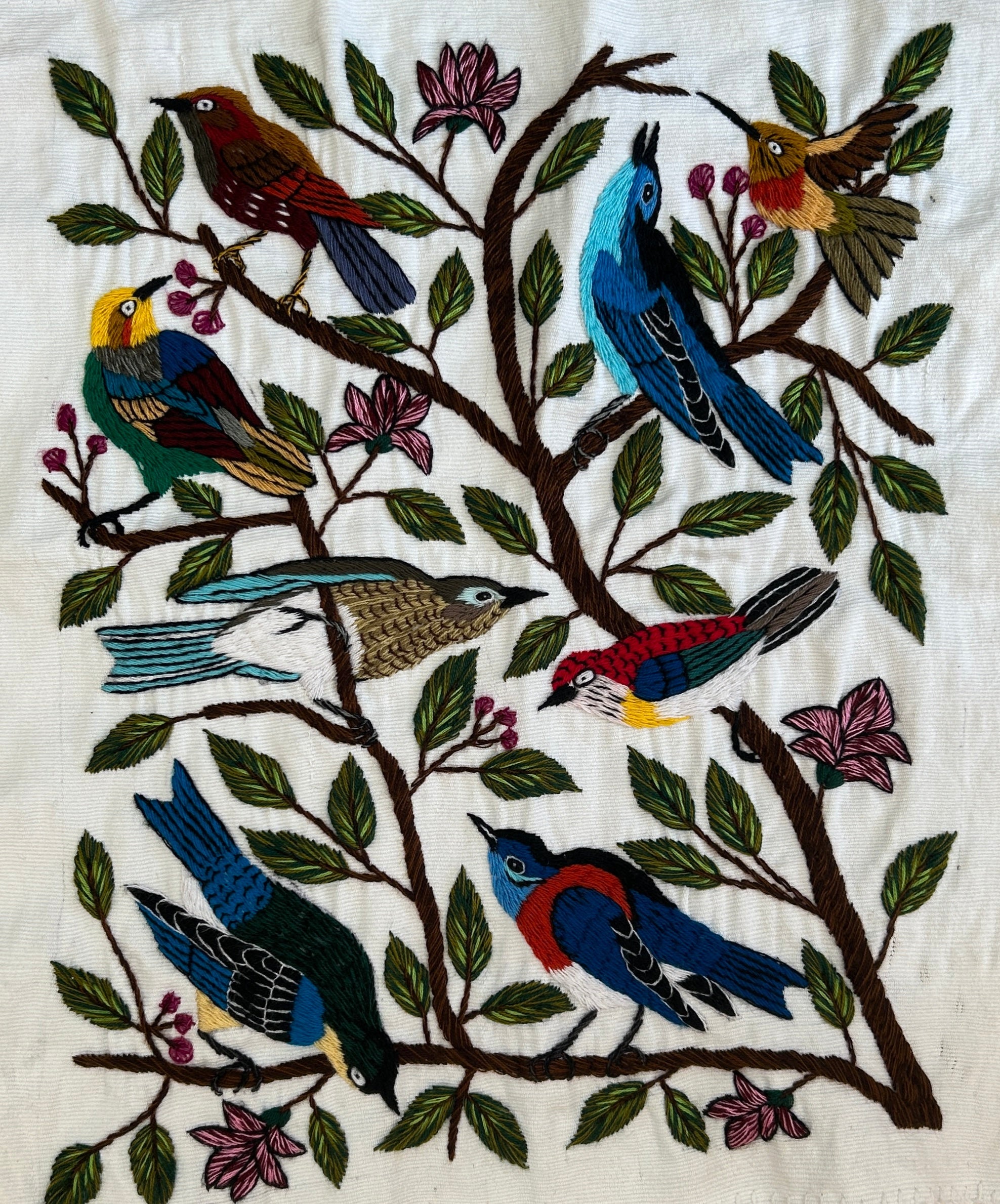 Song Birds Hand Embroidery on Cotton Guatemala (15" x 18")