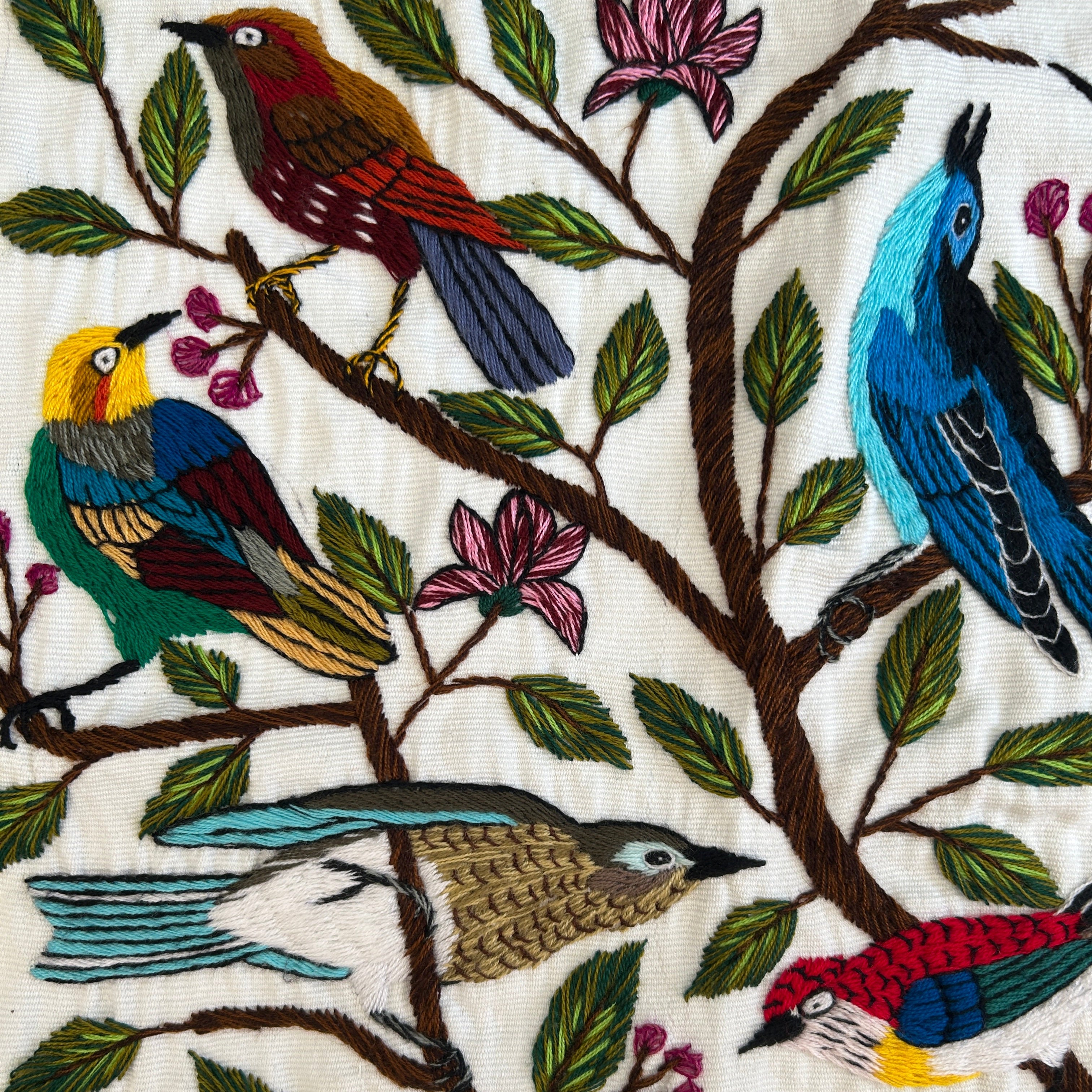 Song Birds Hand Embroidery on Cotton Guatemala (15" x 18")
