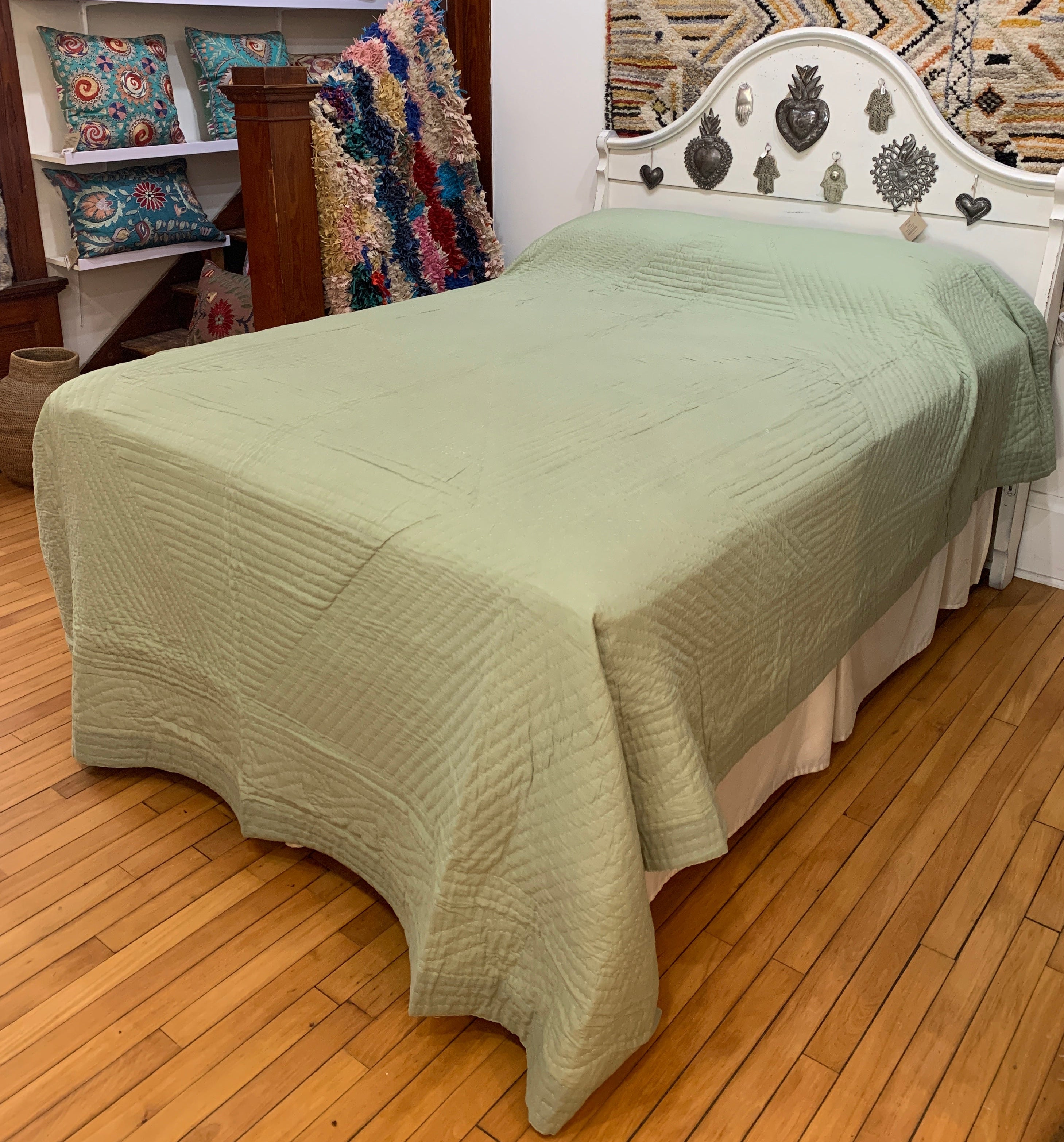 Hand Stitched Sage Green Cotton Quilt Queen India