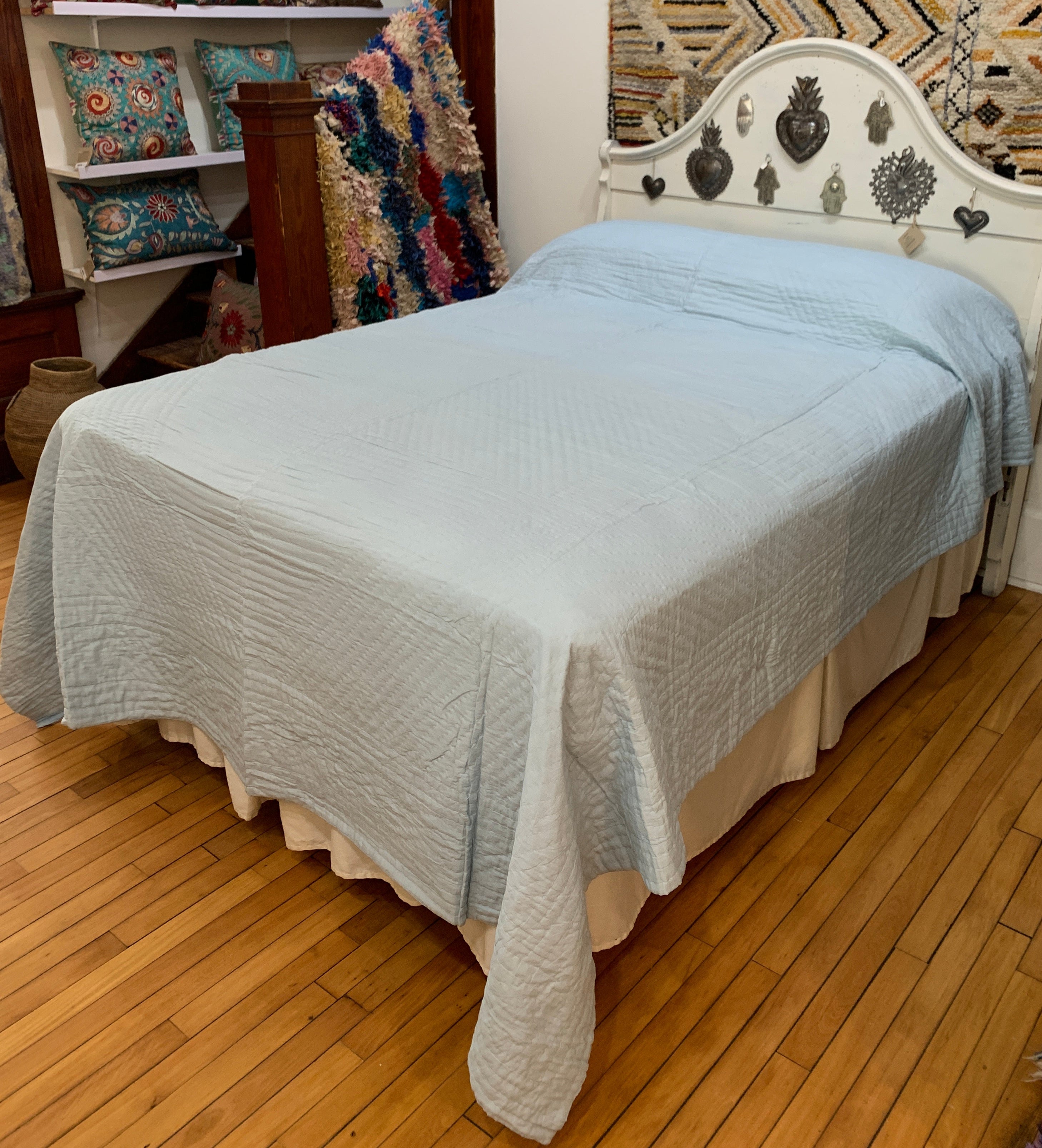 Hand Stitched Light Blue Cotton Quilt King India