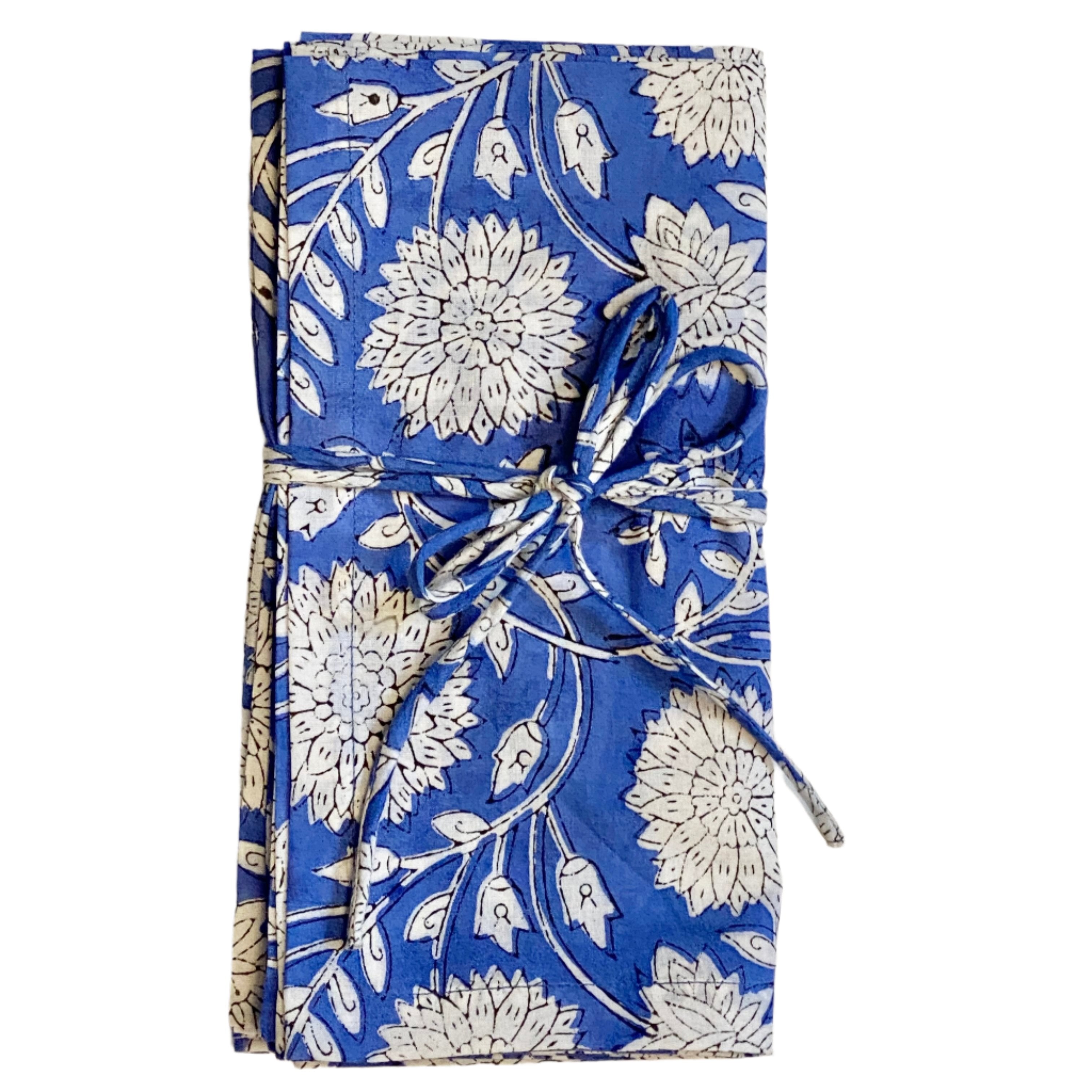 Hand Block Printed Periwinkle Floral Napkins India Set of 4 (20")