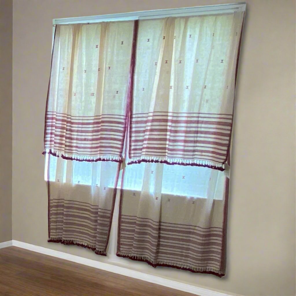 Handwoven Organic Cotton Natural Dyed Curtain India - Red and White (39" x 90")