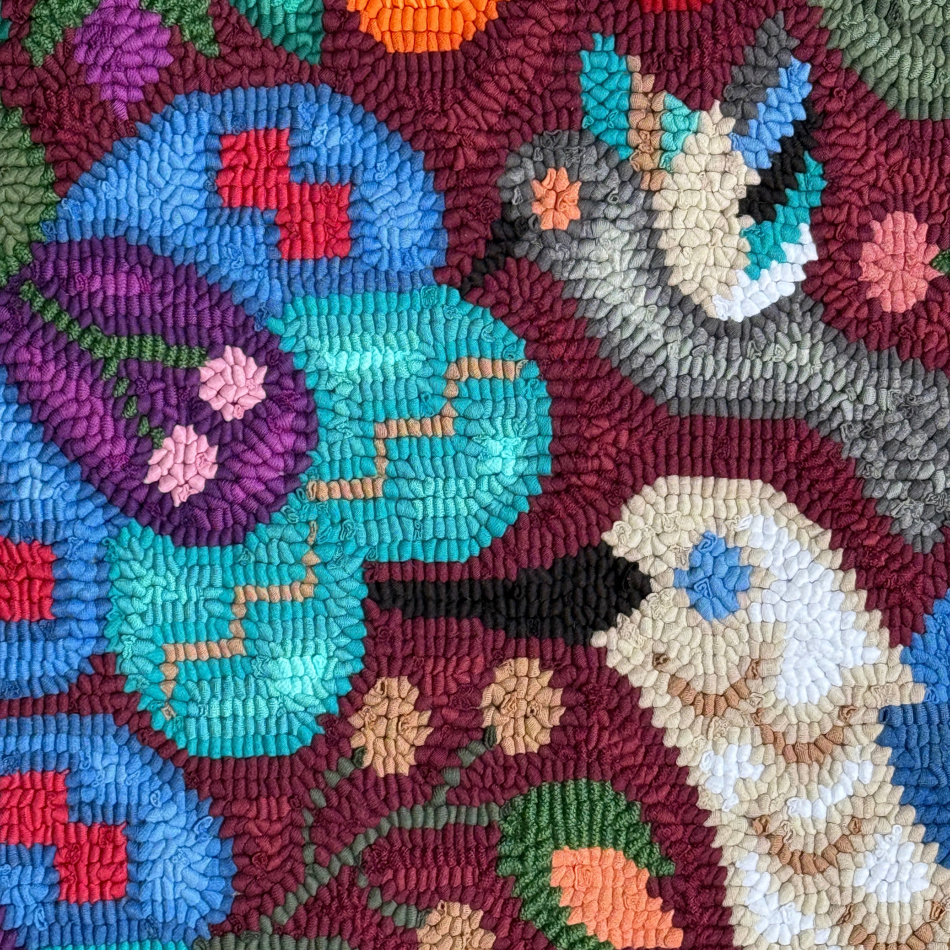 Large Burgundy Handmade Hooked Rug Recycled Clothing Guatemala