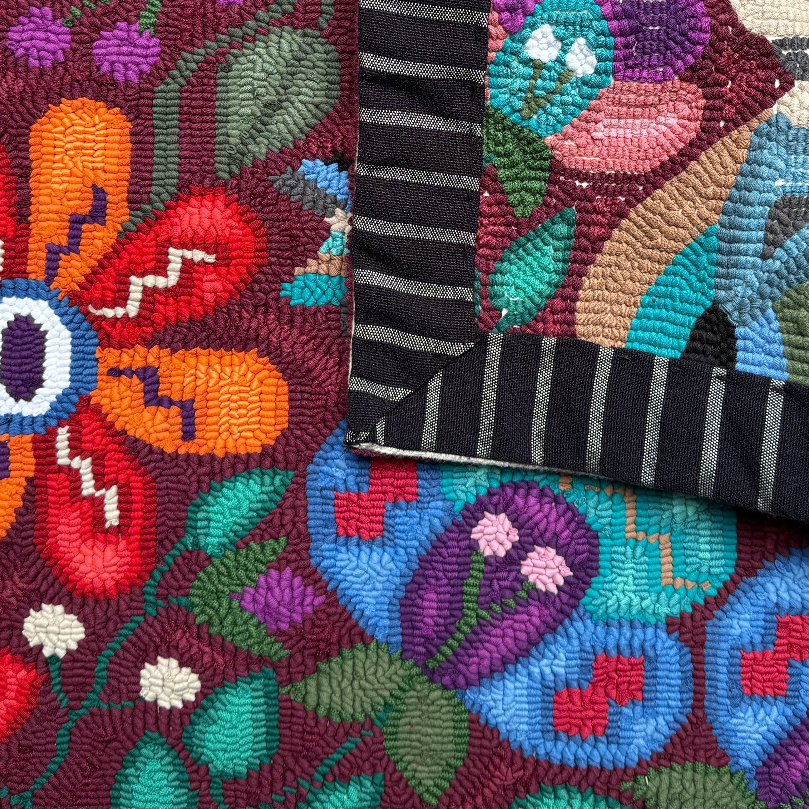 Large Burgundy Handmade Hooked Rug Recycled Clothing Guatemala