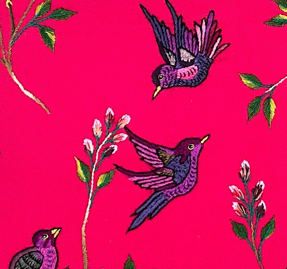 detail Handwoven and Hand Embroidered Bird Pillow Rose Guatemala (18" x 18") purples, pinks, brown, greens and black.