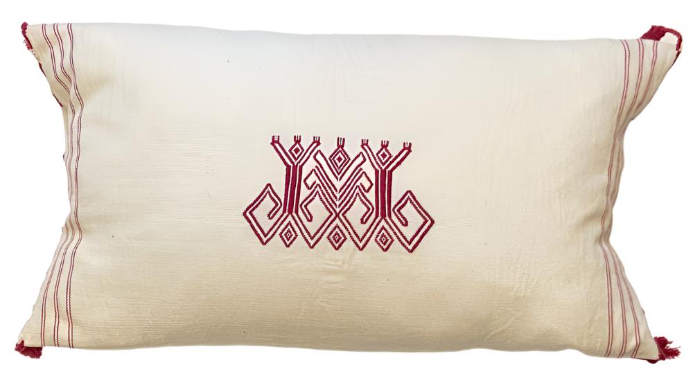 Handwoven Cotton Brocade Pillow Mexico (10" x 20") natural white cotton and cranberry