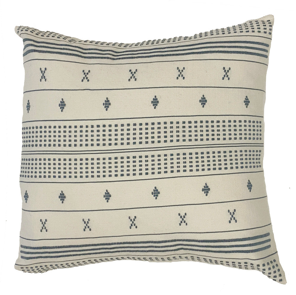 Handwoven Cotton Brocade Square Pillow Mexico The pillow natural white cotton with designs and stripes in a soft blue grey.