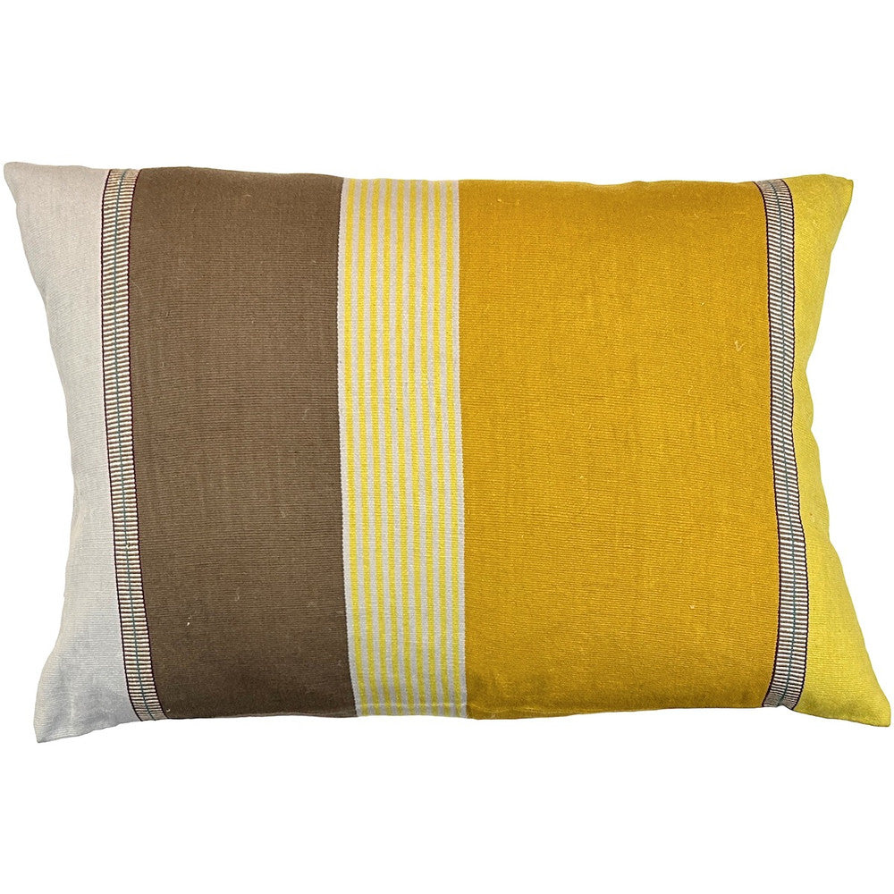 Handwoven Cotton Stripe Pillow A Mexico. Colors: taupe, mustard, lemon yellow, light grey with a bit of red brown and teal.