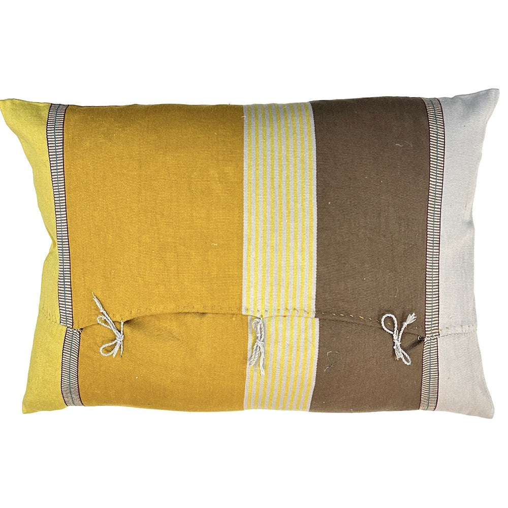Handwoven Cotton Stripe Pillow A Mexico. Colors: taupe, mustard, lemon yellow, light grey with a bit of red brown and teal.