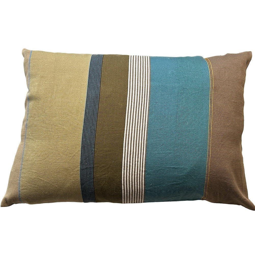 Handwoven Cotton Stripe Pillow D Mexico. Colors: teal blue, light cocoa brown, olive, greenish cream, white, a little mustard, sky blue and black.