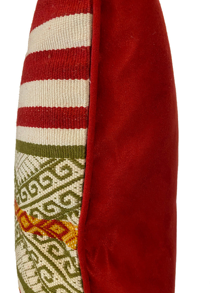 Handwoven Wool Natural Dyed Red Pillow Peru Colors: bright red, dark olive, off white, gold.