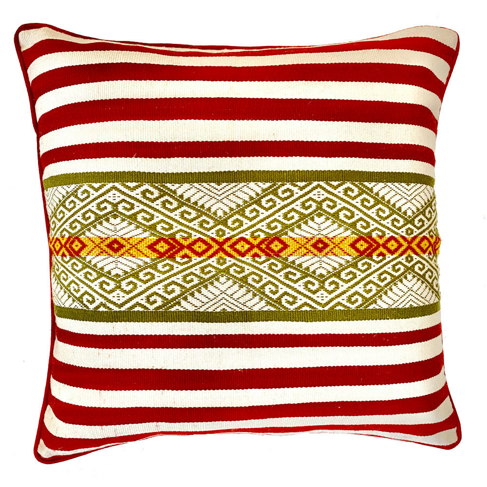 Handwoven Wool Natural Dyed Red Pillow Peru Colors: bright red, dark olive, off white, gold.