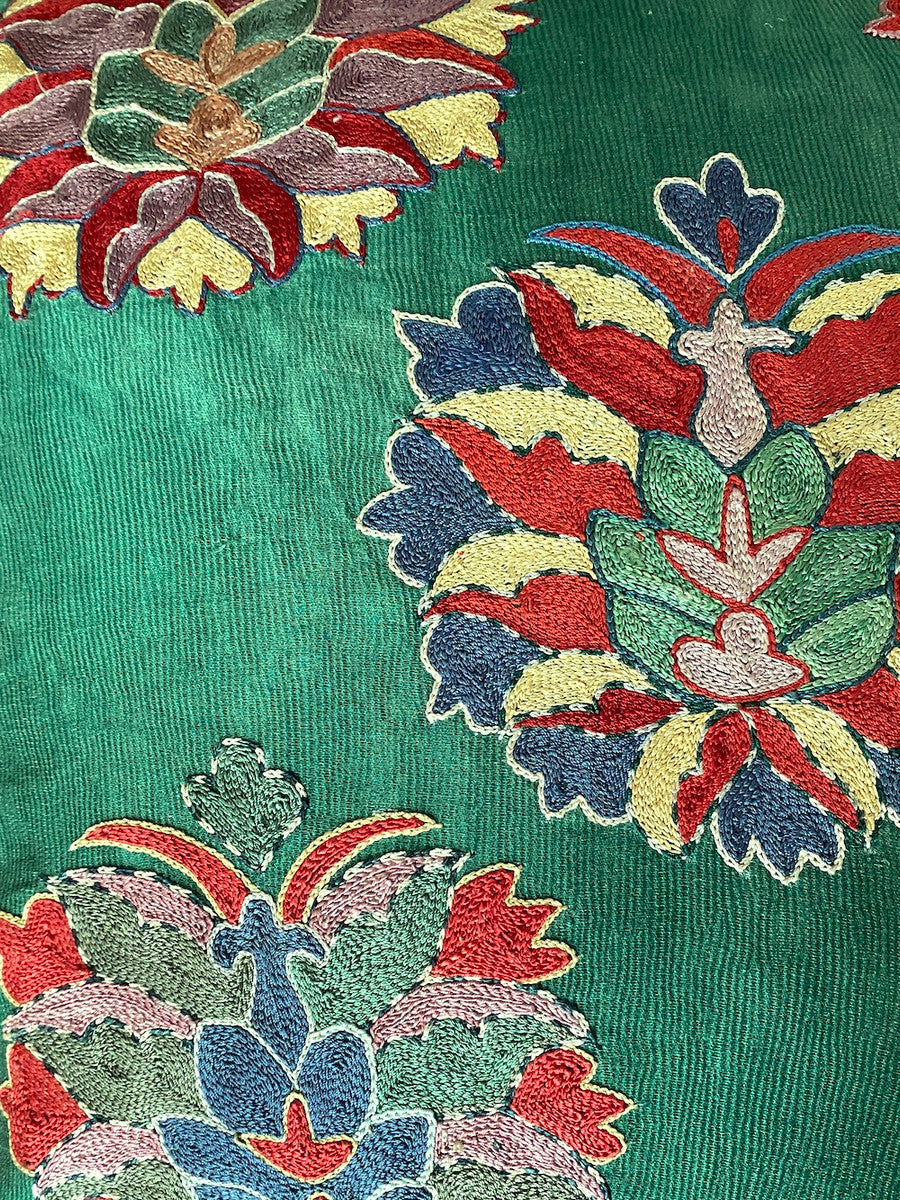 detail Hand Embroidered Silk Pillow Uzbekistan (19" x 20")Chalky forest green silk with Embroidery colors:olive , forest green, golden wheat, red, mauve, chalky indigo, chalky pale wine and more.