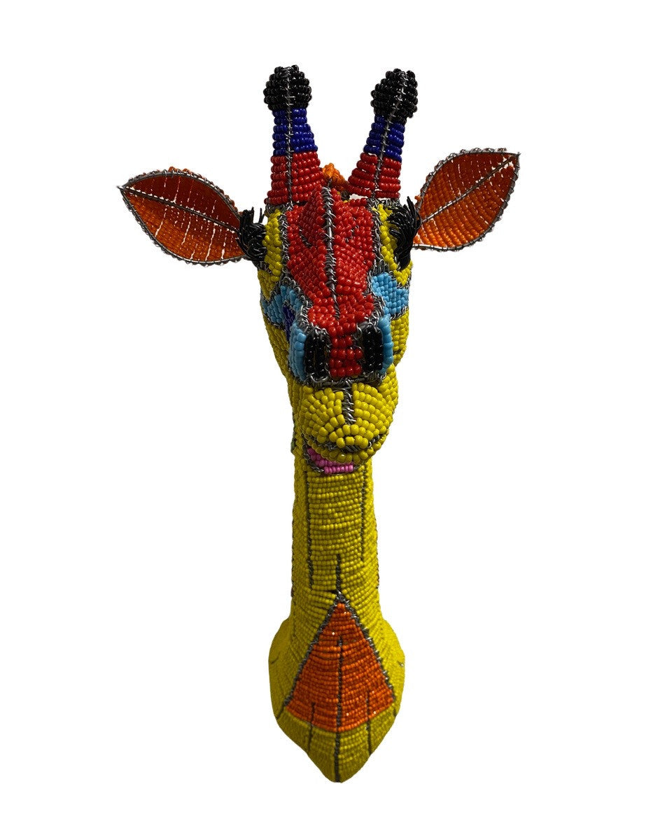 Handmade Beaded Giraffe Head South Africa17.5" tall x 8.5" deep x 7.25" wide Materials: Glass seed beads, steel wire.