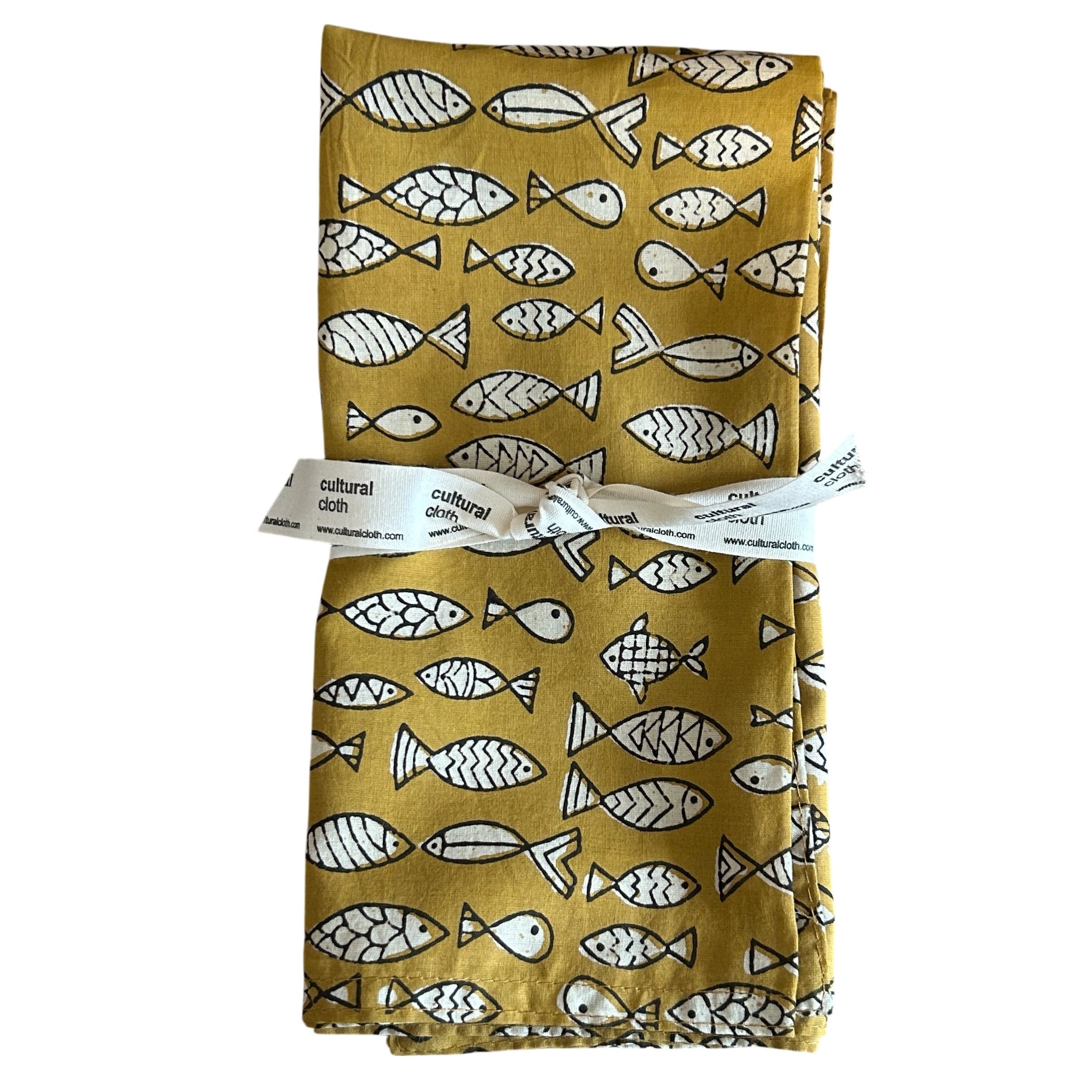 Hand Block Printed Yellow Fish Napkins India Set of 4 (18")