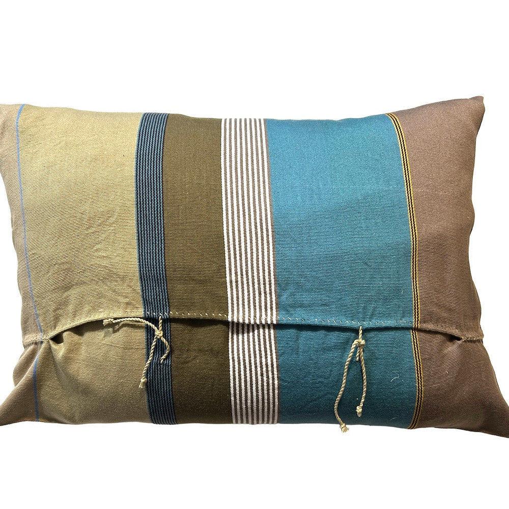 back view Handwoven Cotton Stripe Pillow D Mexico. Colors: teal blue, light cocoa brown, olive, greenish cream, white, a little mustard, sky blue and black.