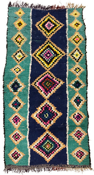 Handwoven And Hand Knotted Vintage Pile Tribal Boucherouite Rug Green Morocco