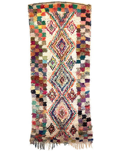 Handwoven And Hand Knotted Vintage Diamond Pile Tribal Boucherouite Rug Morocco