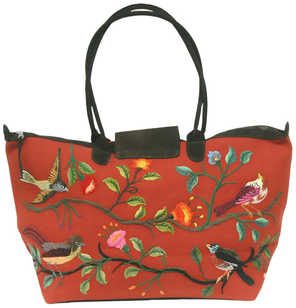 Handwoven Embroidered Rust with Leather Santiago Satchel Guatemala
