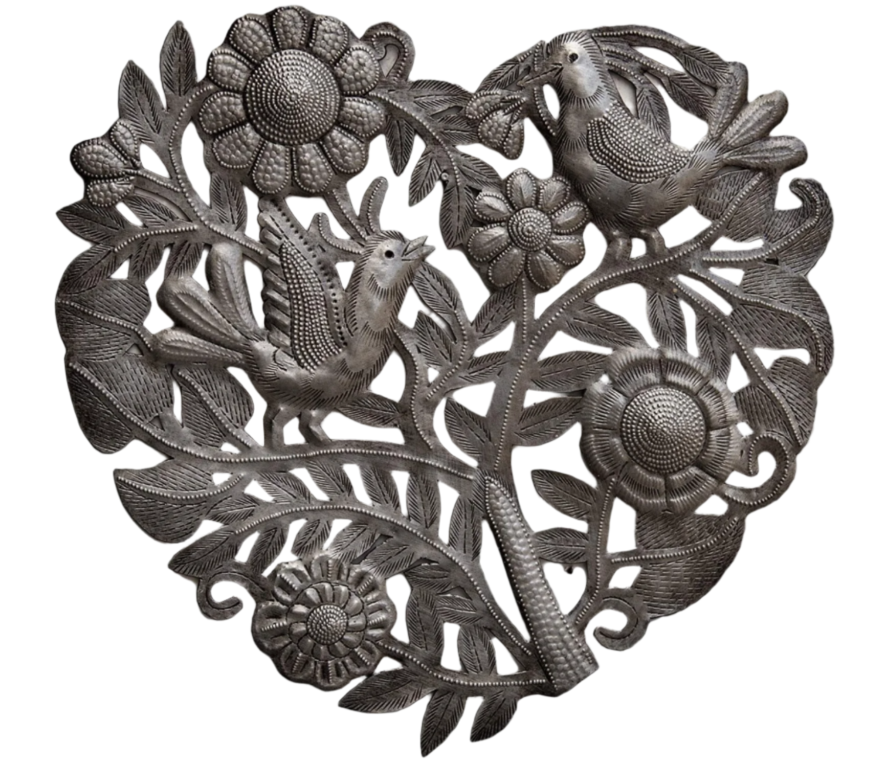 Handmade Hammered Birds & Flowers Heart Haiti 11"