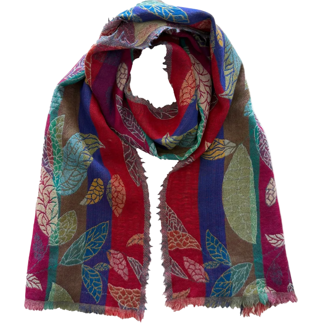 Woven Wool Scarf Bold Leaf Multi India